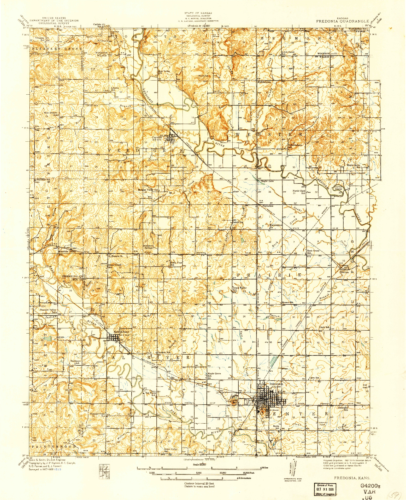 USGS 1:48000-SCALE QUADRANGLE FOR FREDONIA, KS 1939