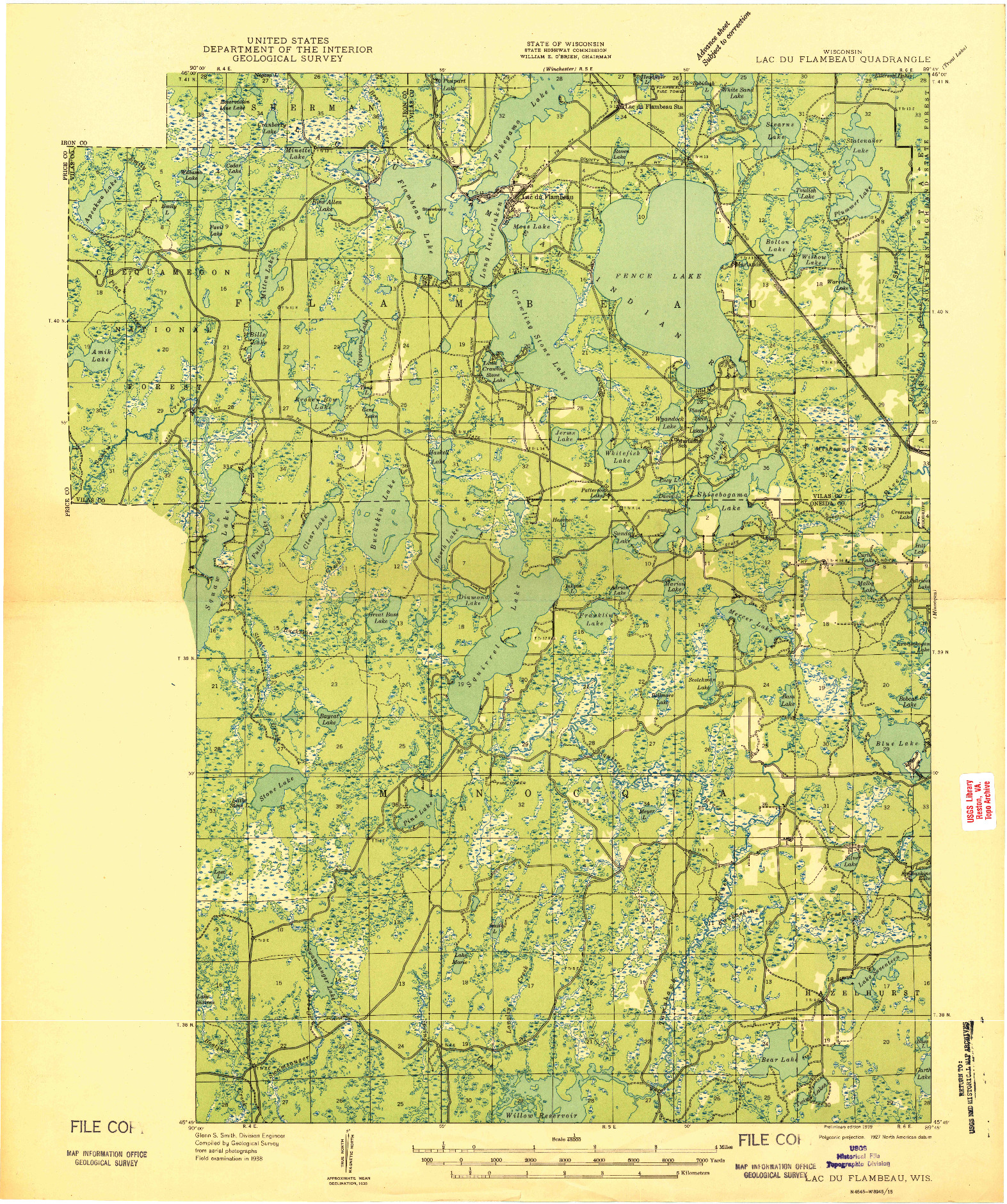 USGS 1:48000-SCALE QUADRANGLE FOR LAC DU FLAMBEAU, WI 1939