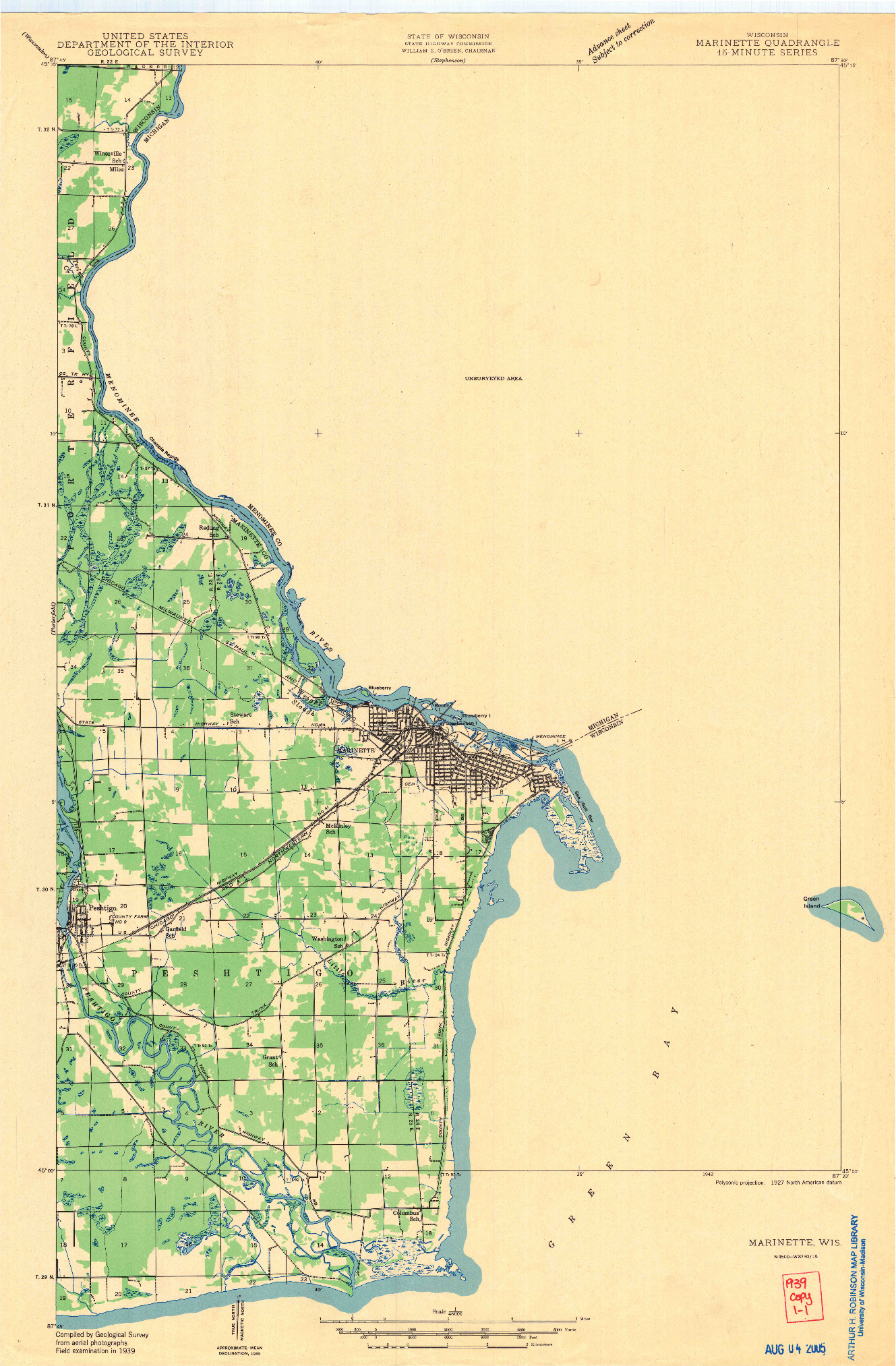USGS 1:48000-SCALE QUADRANGLE FOR MARINETTE, WI 1939