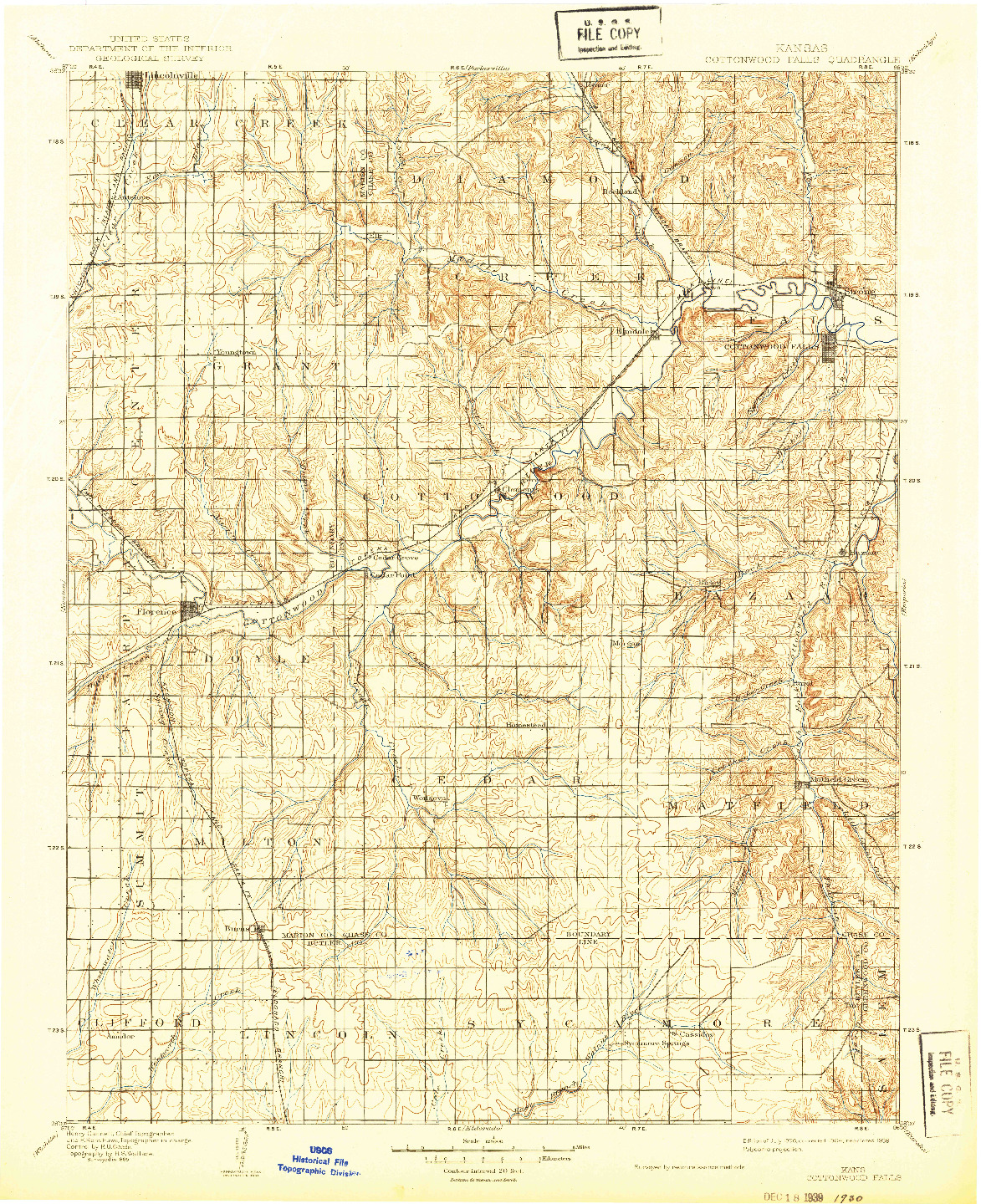 USGS 1:125000-SCALE QUADRANGLE FOR COTTONWOOD FALLS, KS 1898
