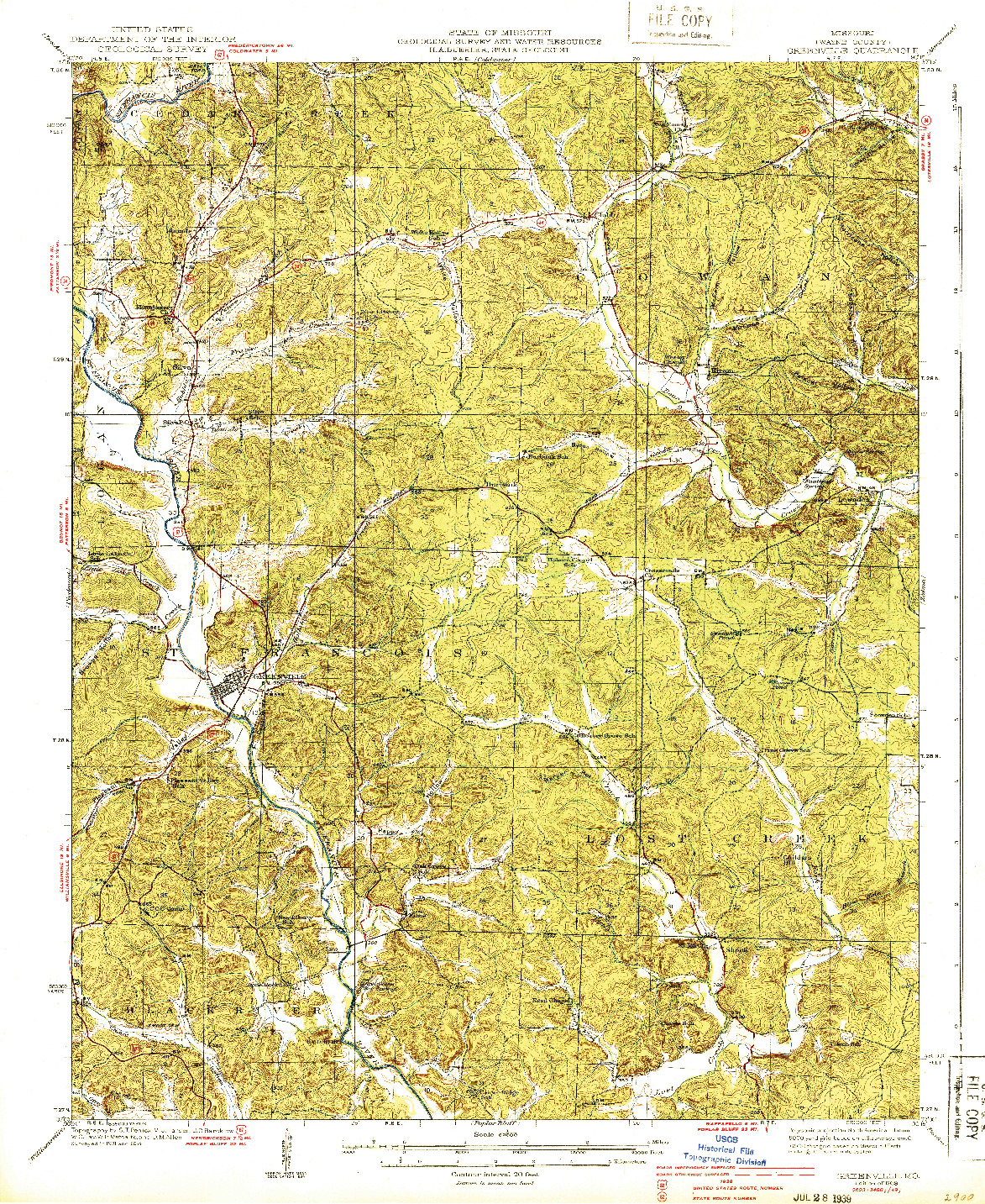 USGS 1:62500-SCALE QUADRANGLE FOR GREENVILLE, MO 1939