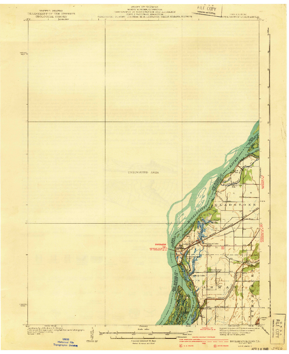 USGS 1:62500-SCALE QUADRANGLE FOR BURLINGTON, IA 1940
