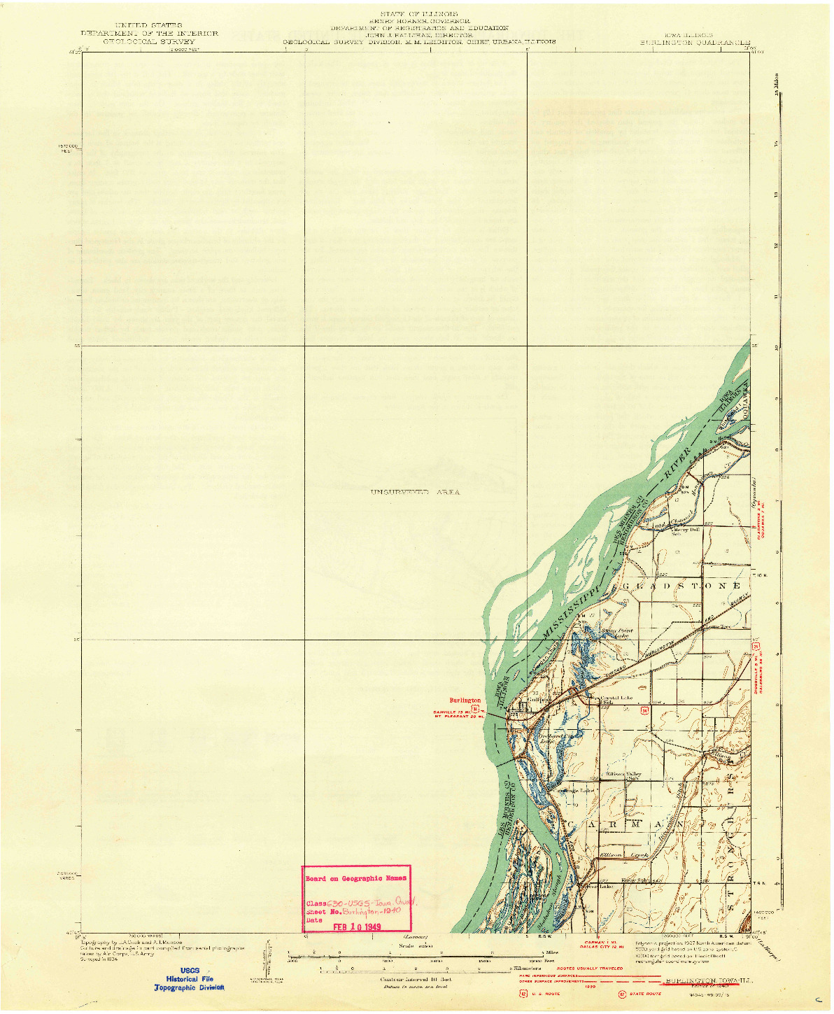 USGS 1:62500-SCALE QUADRANGLE FOR BURLINGTON, IA 1940