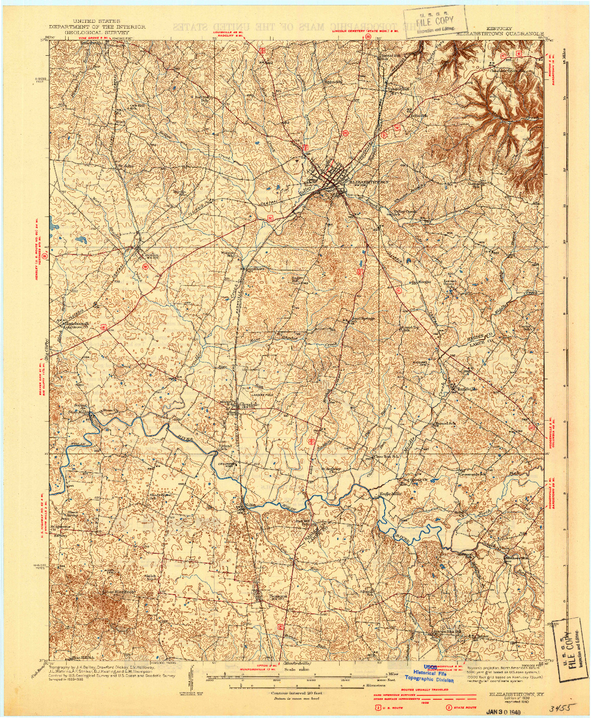 USGS 1:62500-SCALE QUADRANGLE FOR ELIZABETHTOWN, KY 1938