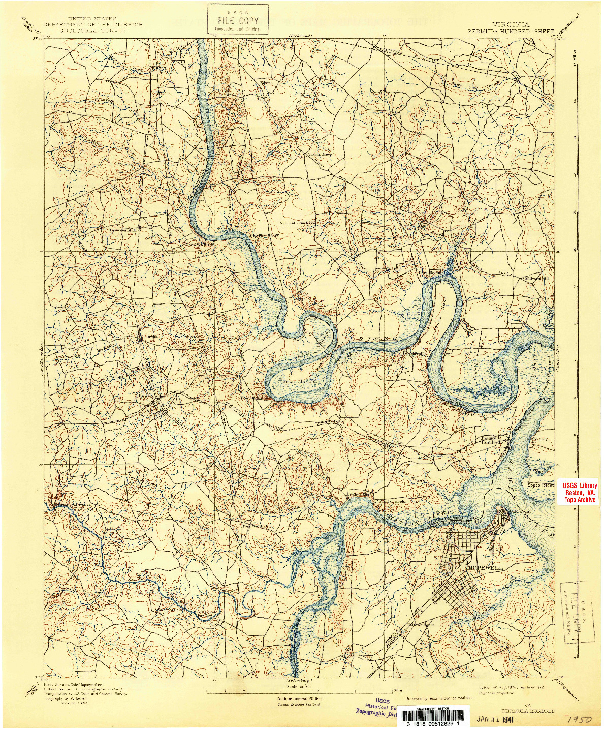USGS 1:62500-SCALE QUADRANGLE FOR BERMUDA HUNDRED, VA 1894