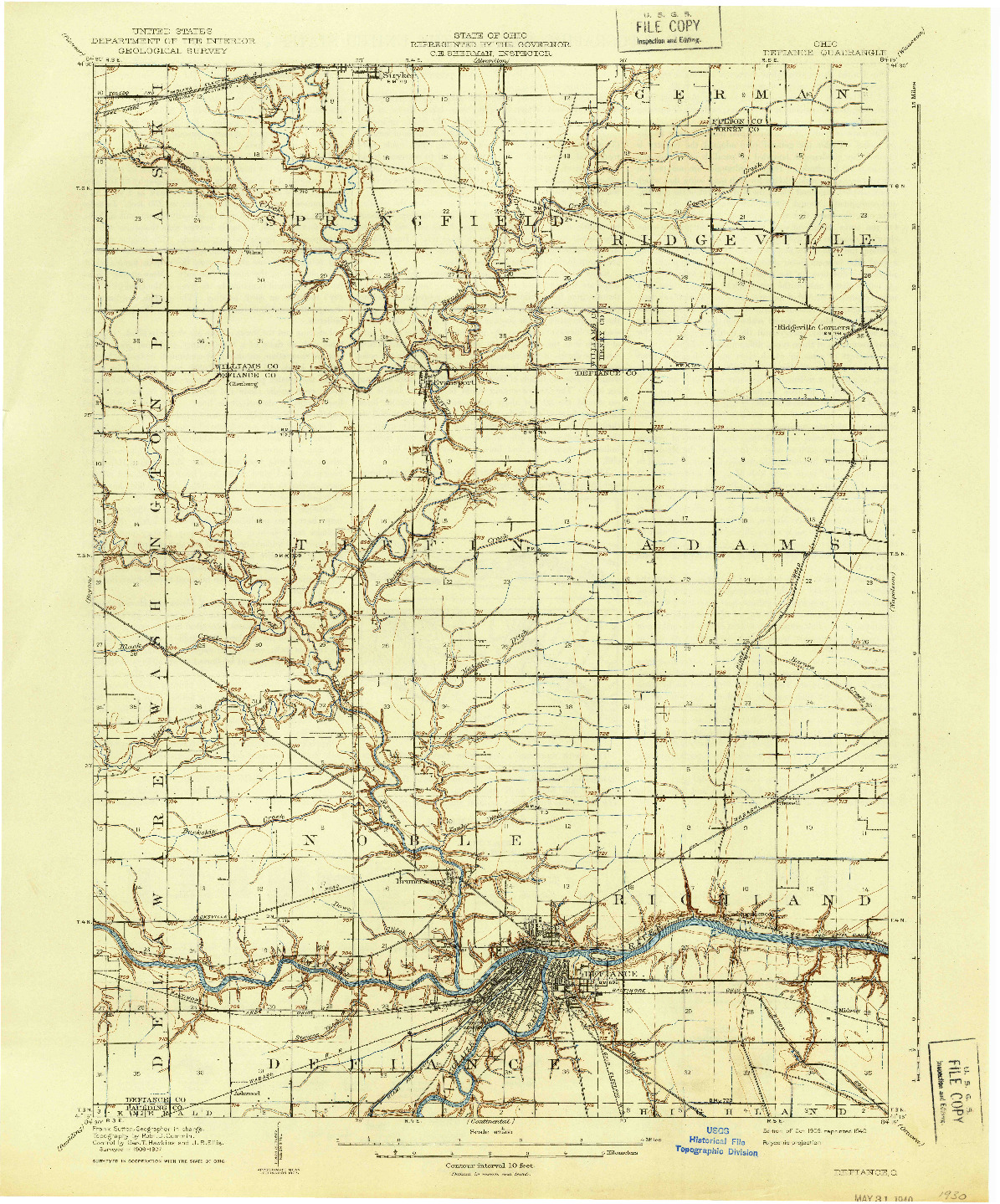 USGS 1:62500-SCALE QUADRANGLE FOR DEFIANCE, OH 1909