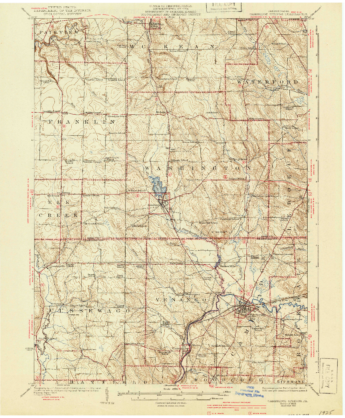 USGS 1:62500-SCALE QUADRANGLE FOR CAMBRIDGE SPRINGS, PA 1925