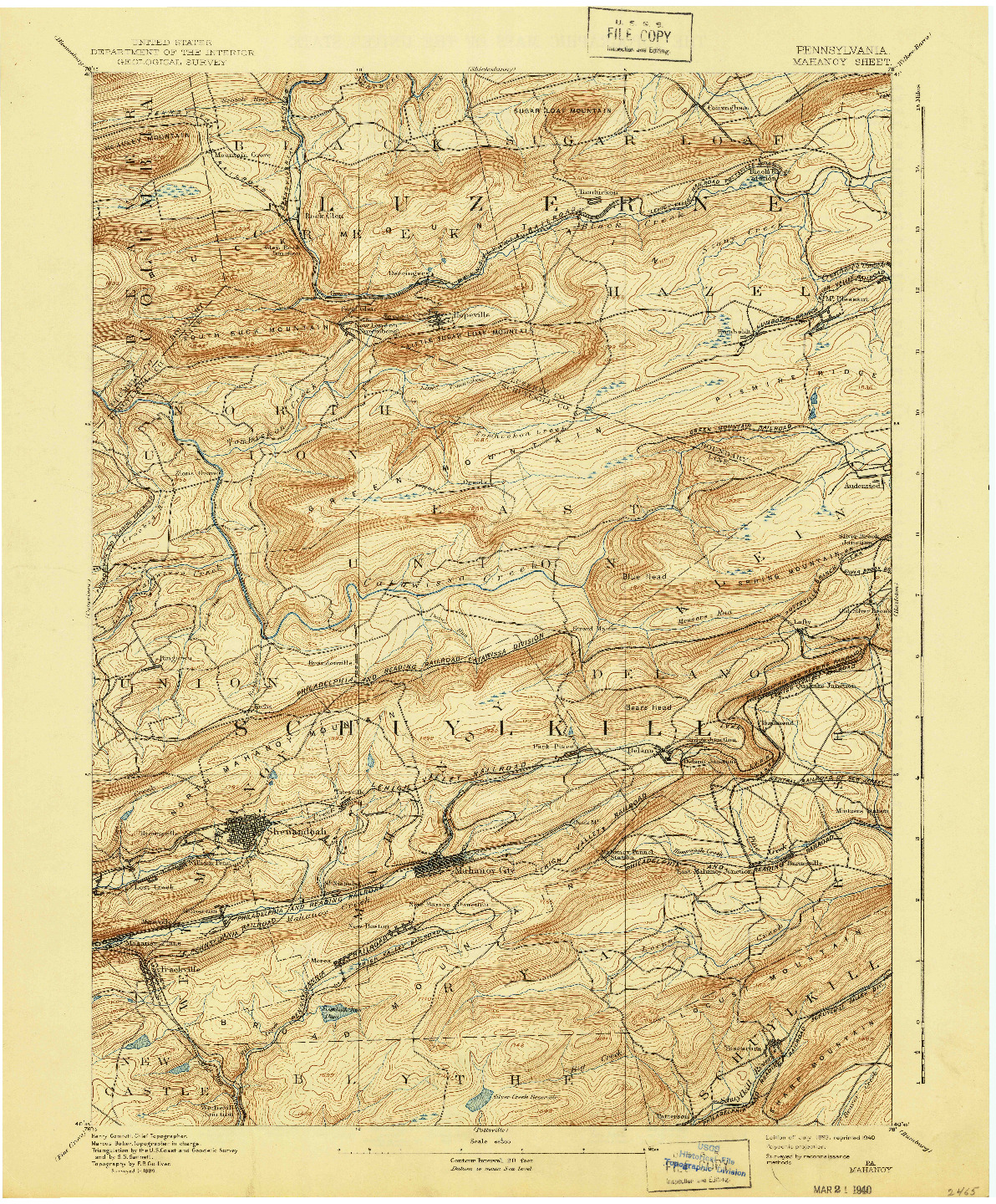 USGS 1:62500-SCALE QUADRANGLE FOR MAHANOY, PA 1893