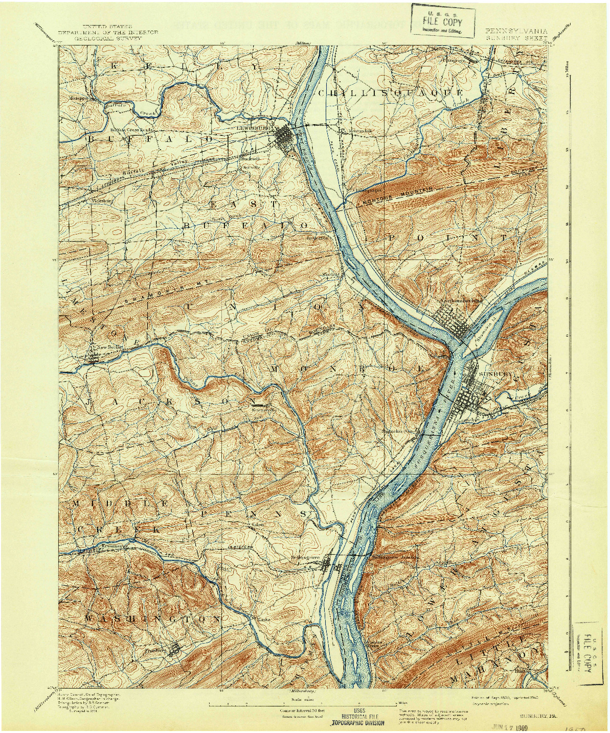 USGS 1:62500-SCALE QUADRANGLE FOR SUNBURY, PA 1893