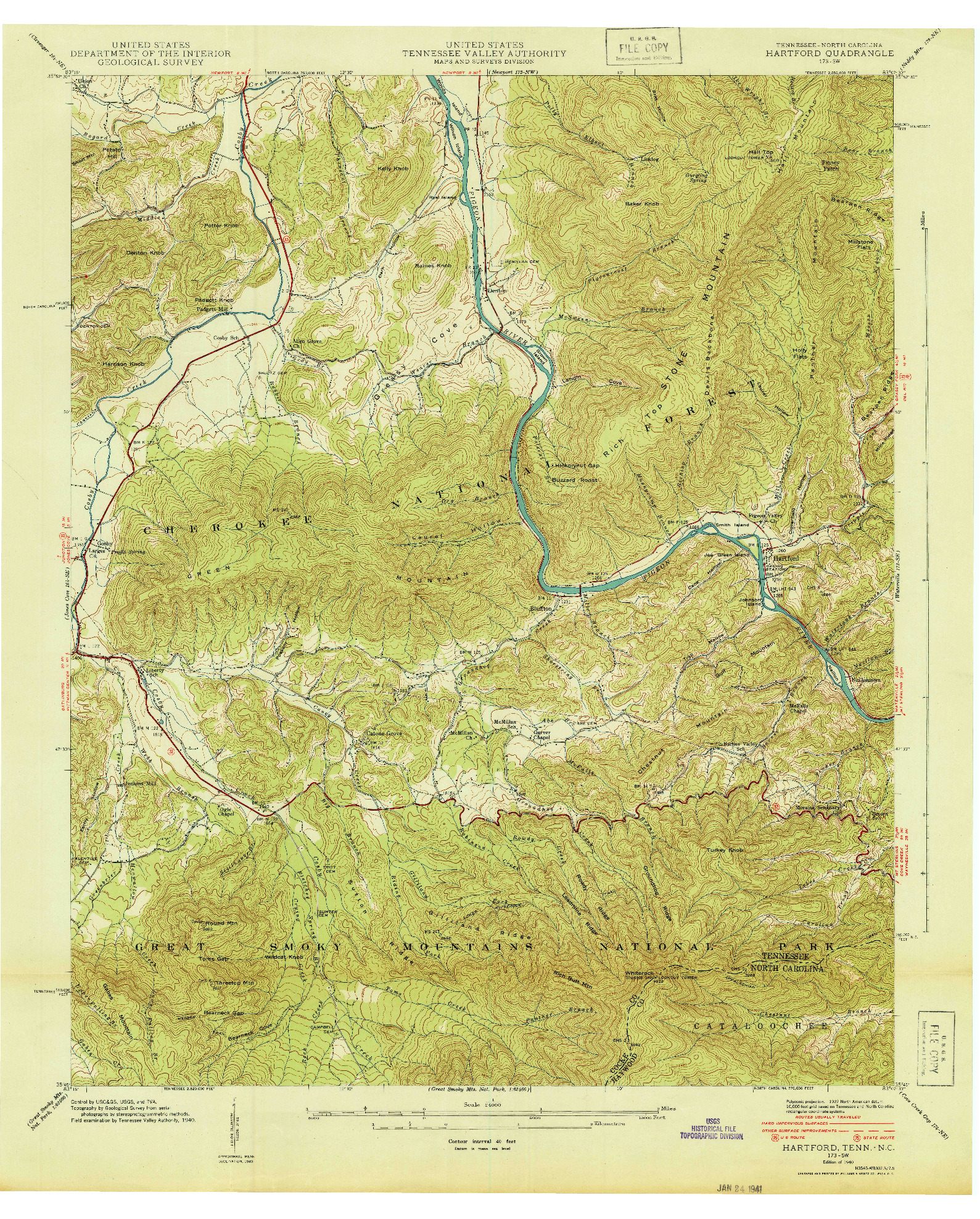 USGS 1:24000-SCALE QUADRANGLE FOR HARTFORD, TN 1940