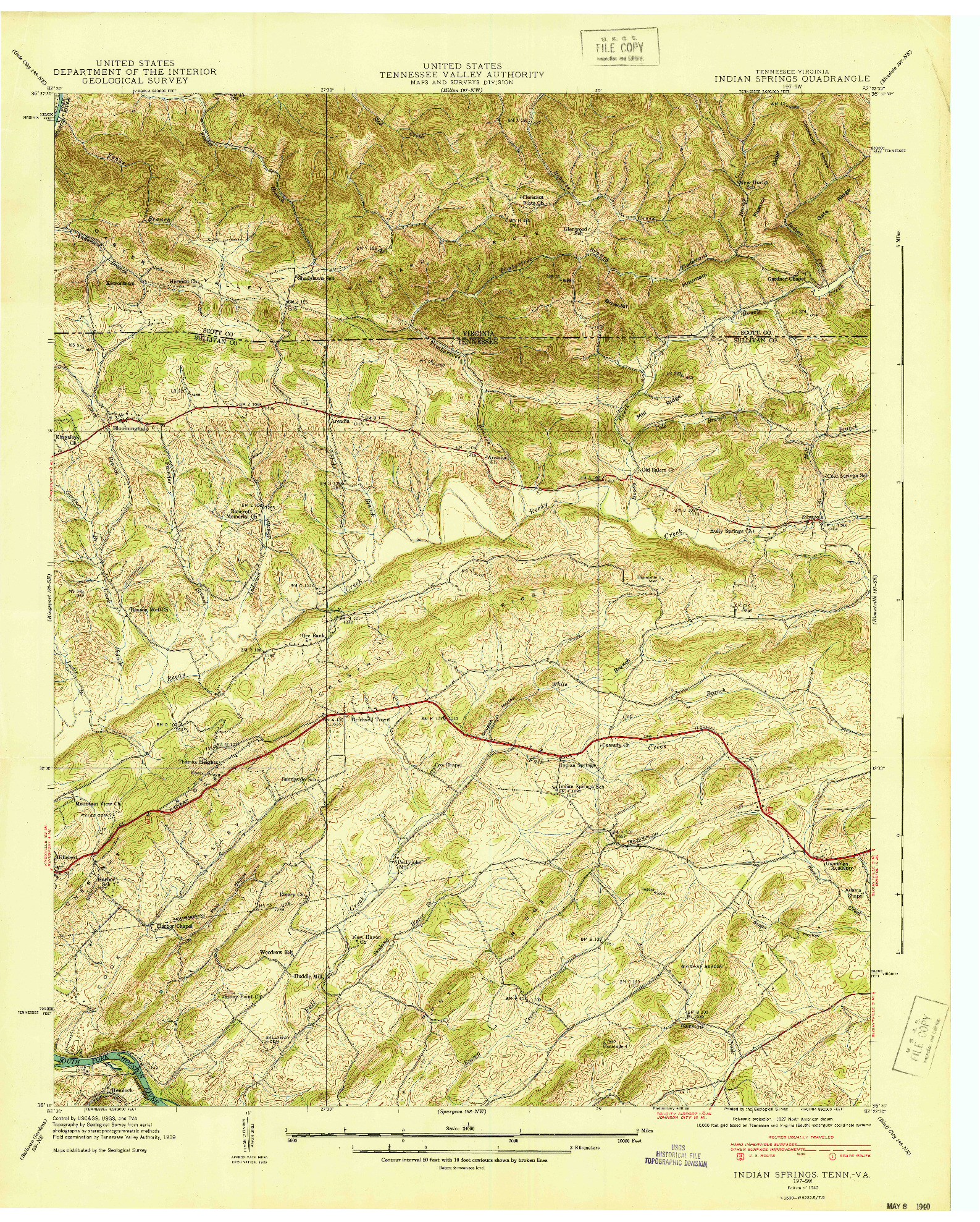 USGS 1:24000-SCALE QUADRANGLE FOR INDIAN SPRINGS, TN 1940