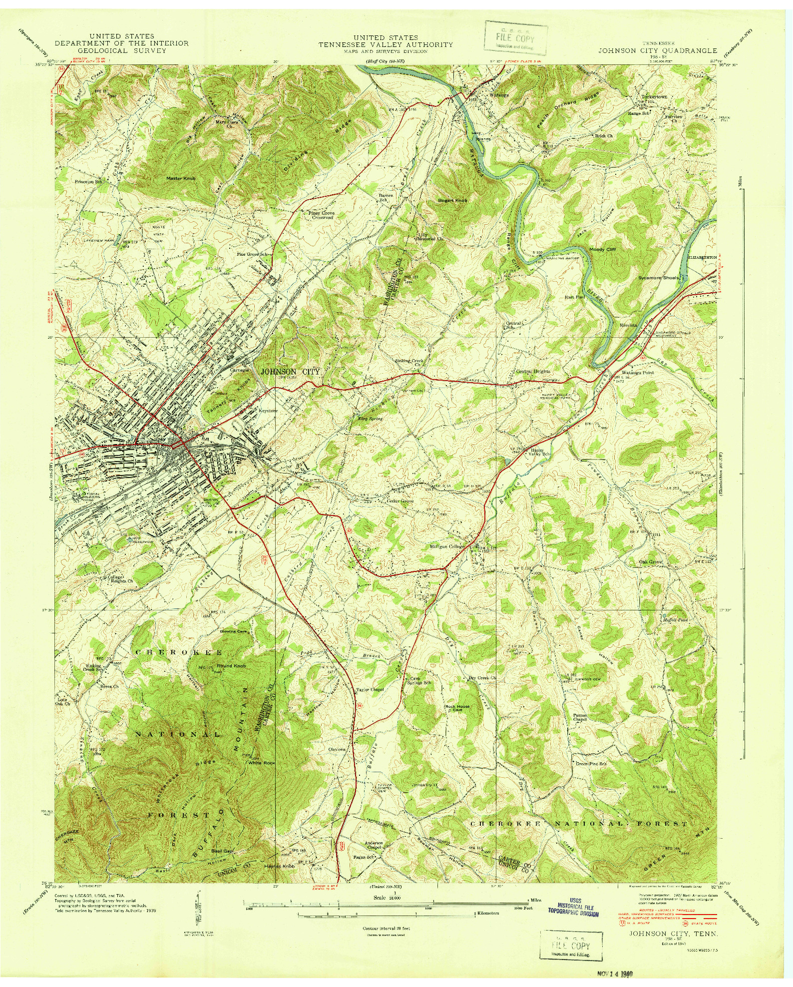 USGS 1:24000-SCALE QUADRANGLE FOR JOHNSON CITY, TN 1940