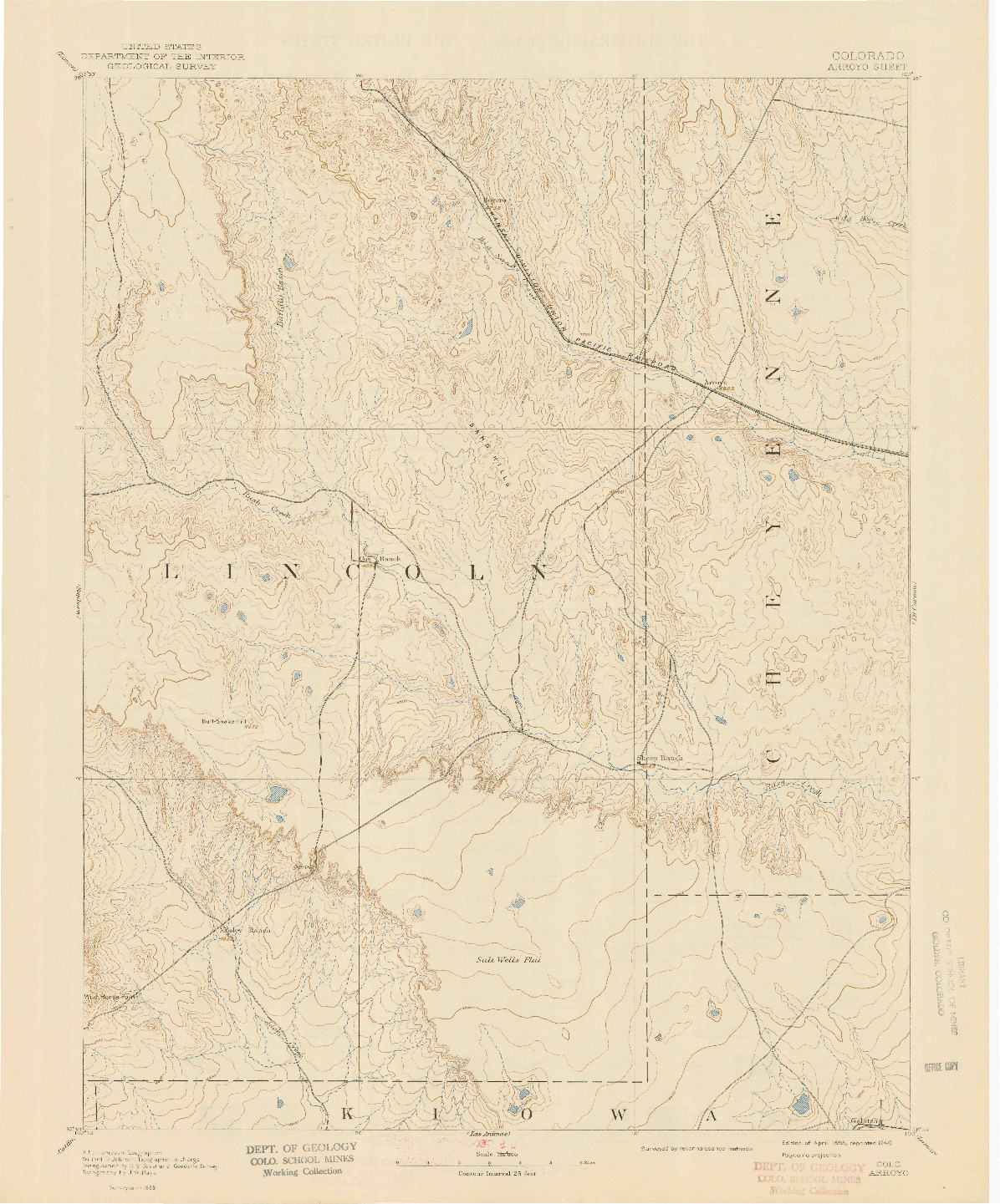 USGS 1:125000-SCALE QUADRANGLE FOR ARROYO, CO 1893