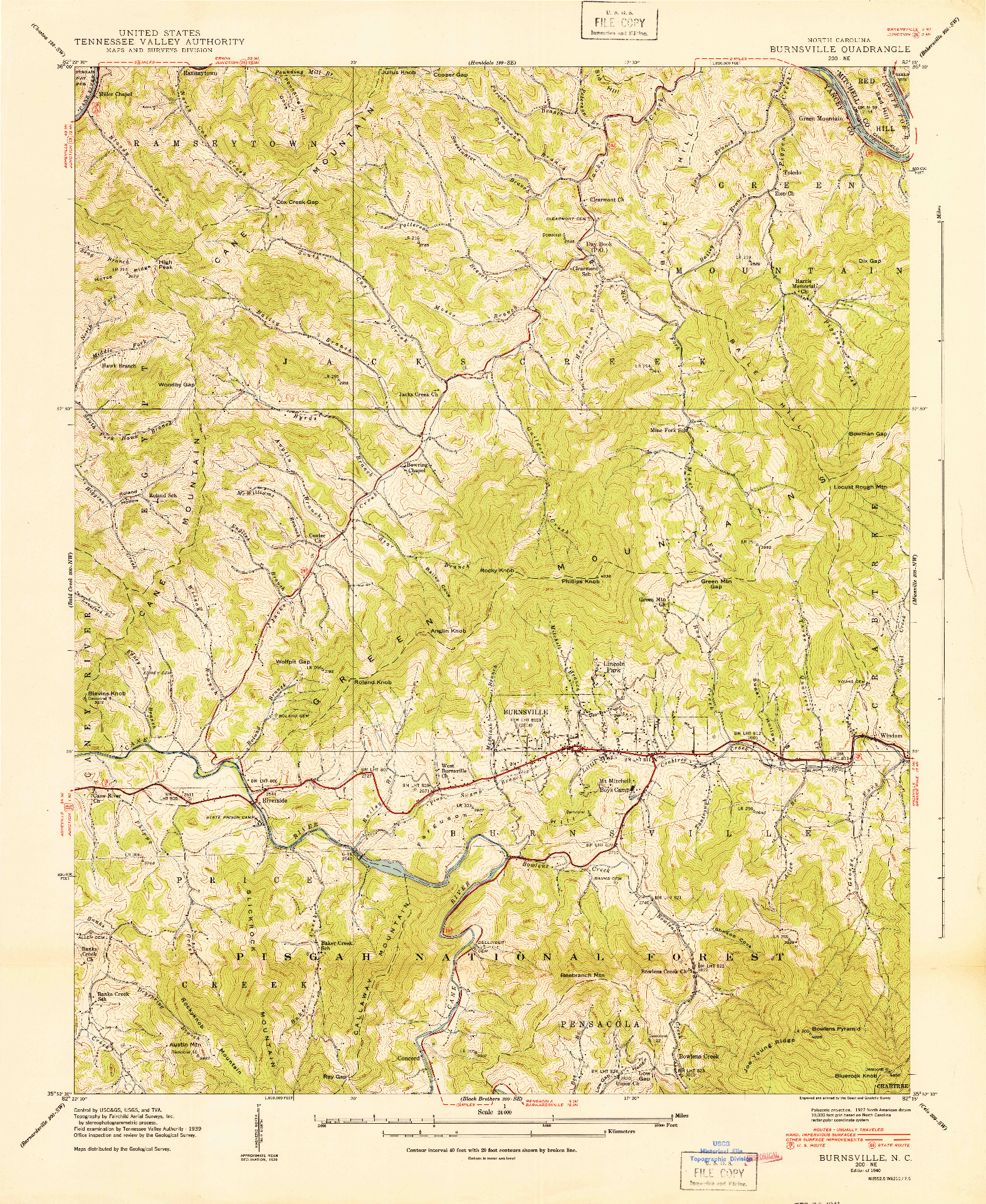 USGS 1:24000-SCALE QUADRANGLE FOR BURNSVILLE, NC 1940