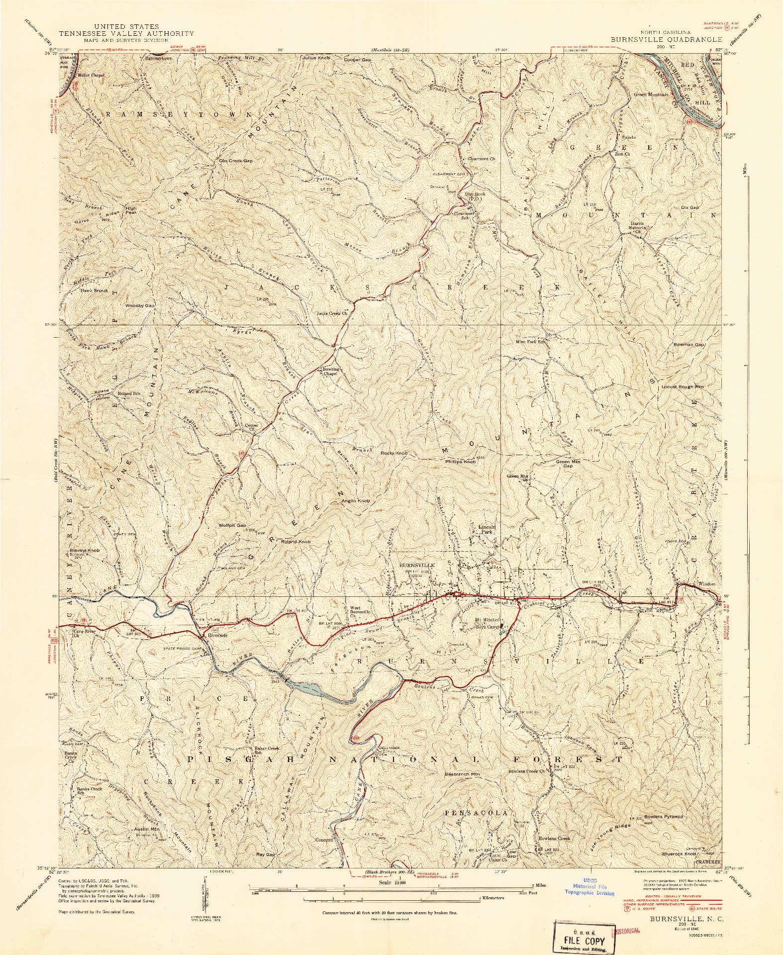 USGS 1:24000-SCALE QUADRANGLE FOR BURNSVILLE, NC 1940