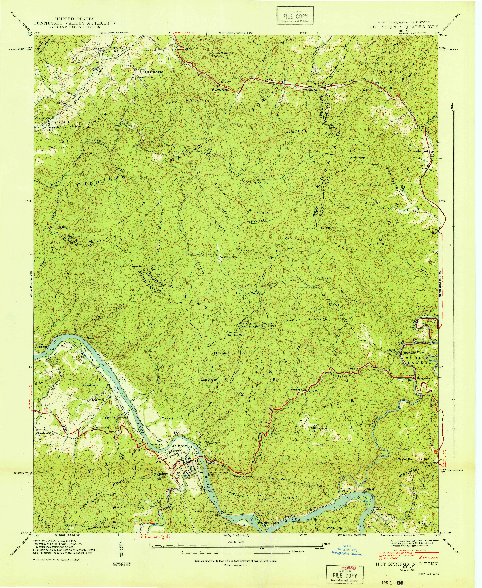USGS 1:24000-SCALE QUADRANGLE FOR HOT SPRINGS, NC 1940