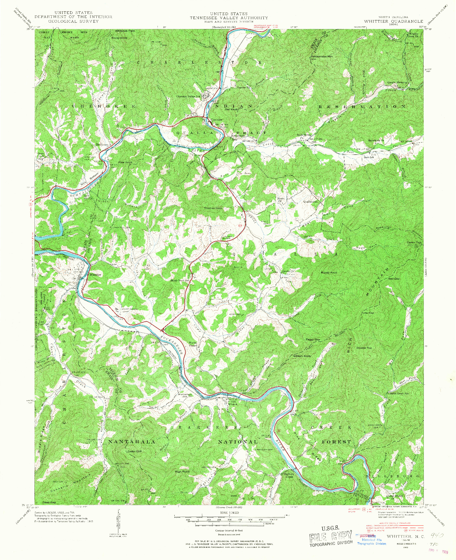 USGS 1:24000-SCALE QUADRANGLE FOR WHITTIER, NC 1940