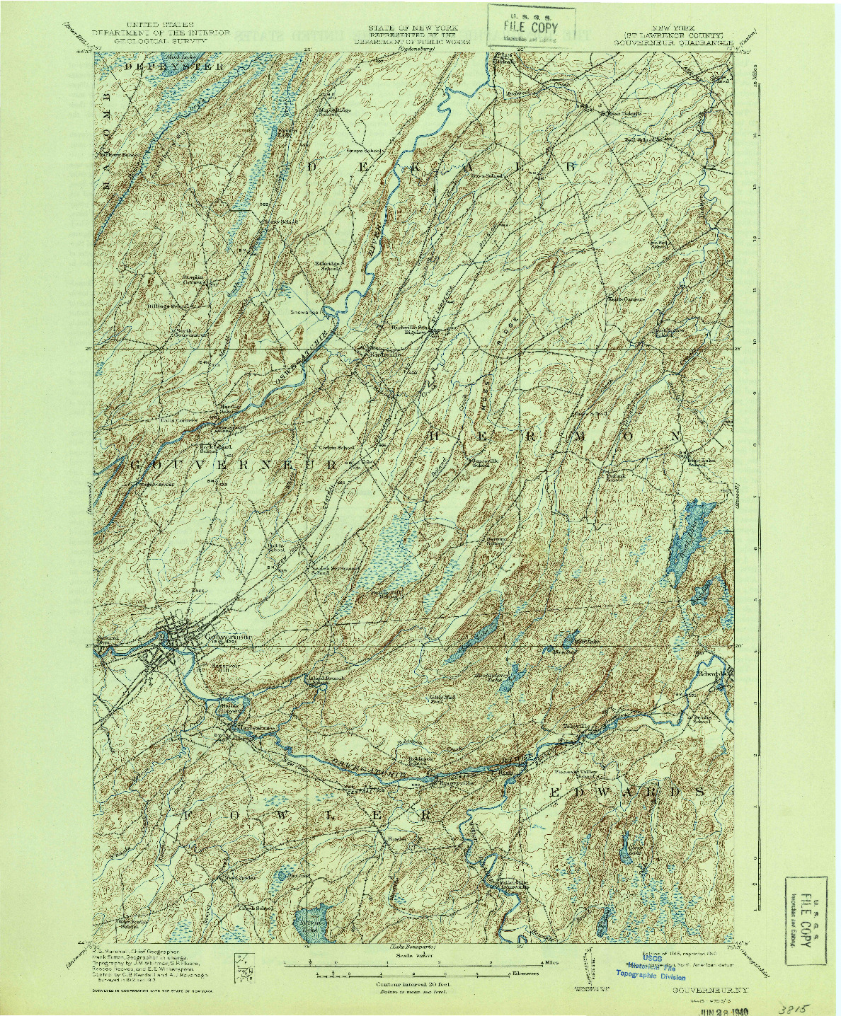 USGS 1:62500-SCALE QUADRANGLE FOR GOUVERNEUR, NY 1915