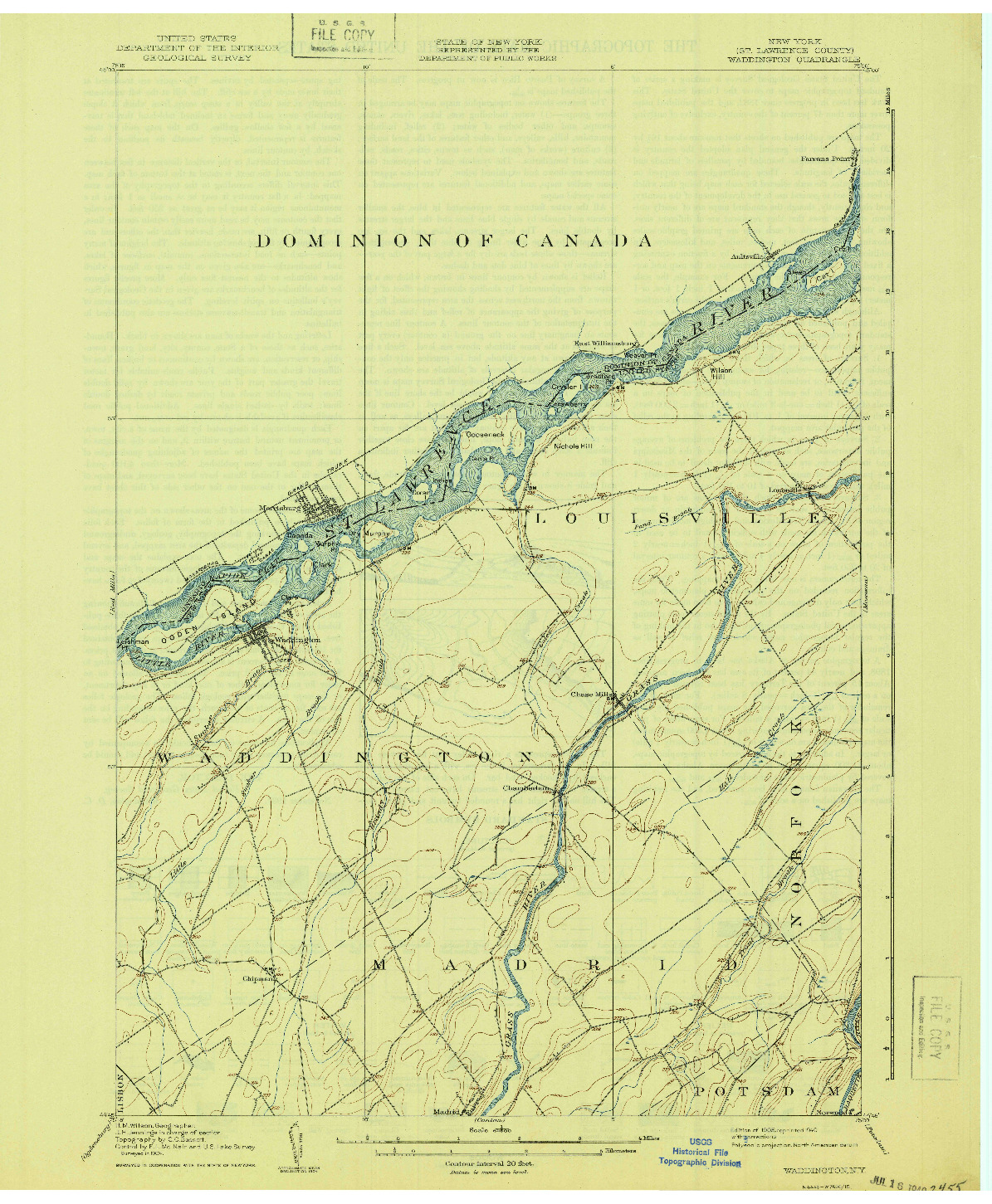 USGS 1:62500-SCALE QUADRANGLE FOR WADDINGTON, NY 1905