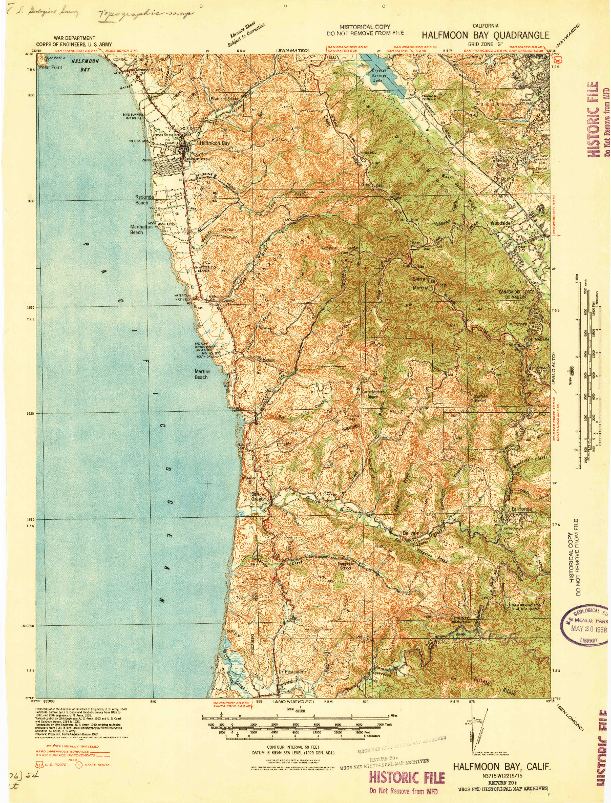 USGS 1:62500-SCALE QUADRANGLE FOR HALFMOON BAY, CA 1940