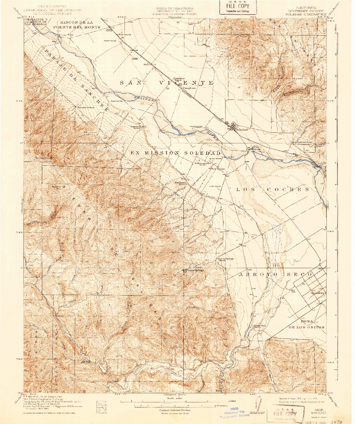 USGS 1:62500-SCALE QUADRANGLE FOR SOLEDAD, CA 1915