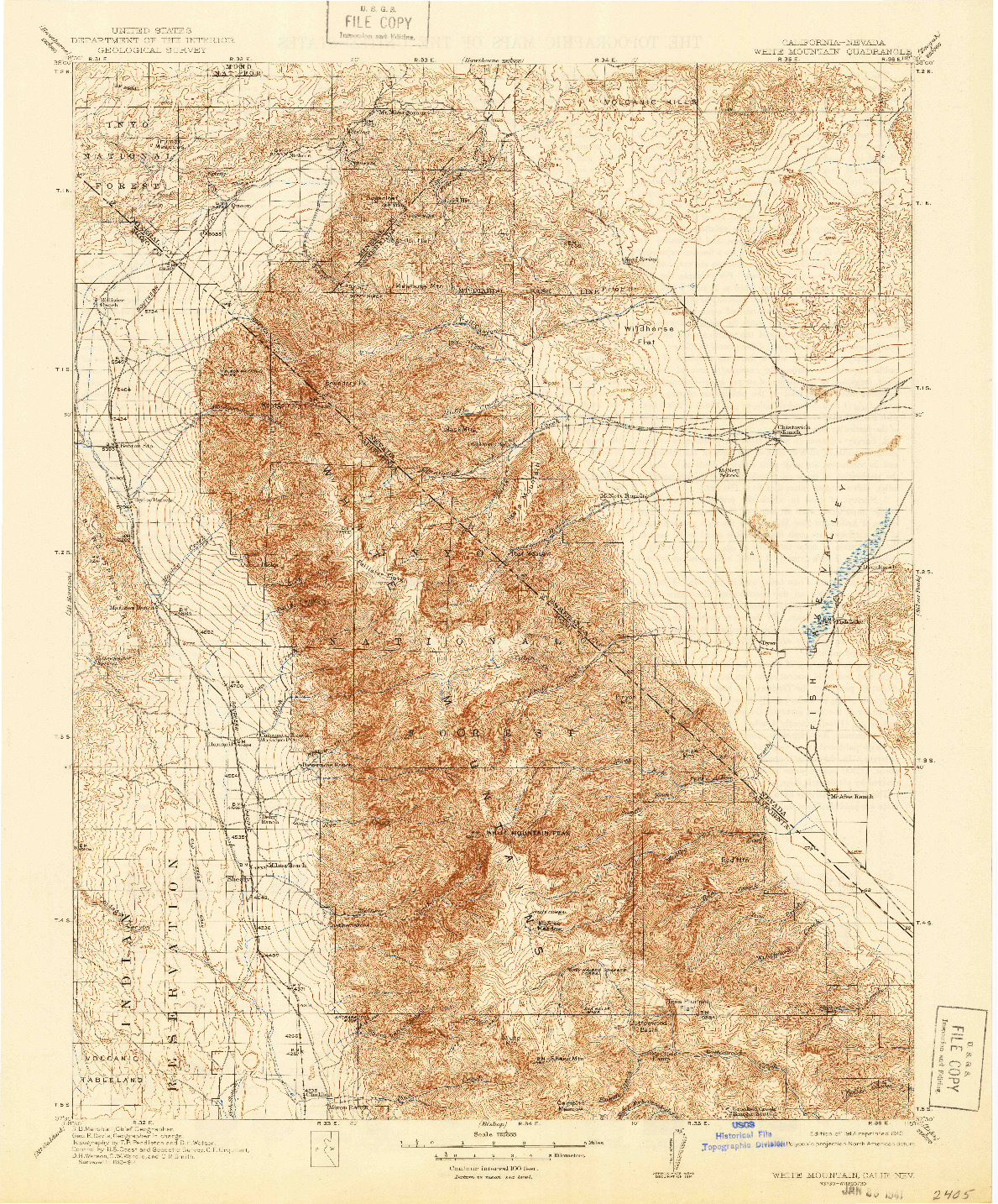 USGS 1:125000-SCALE QUADRANGLE FOR WHITE MOUNTAIN, CA 1917