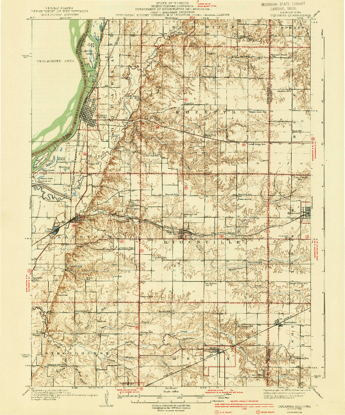 USGS 1:62500-SCALE QUADRANGLE FOR OQUAWKA, IL 1940