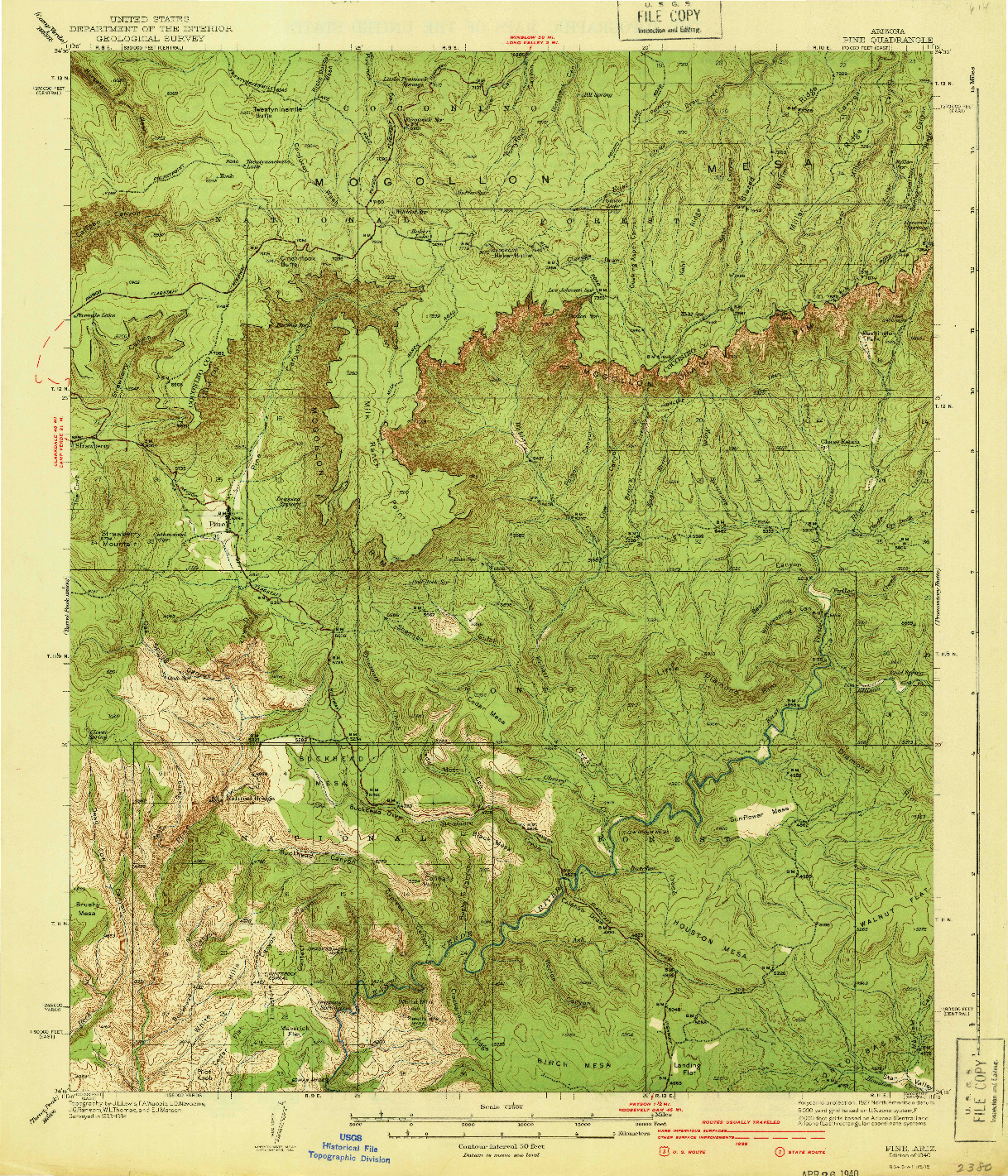 USGS 1:62500-SCALE QUADRANGLE FOR PINE, AZ 1940