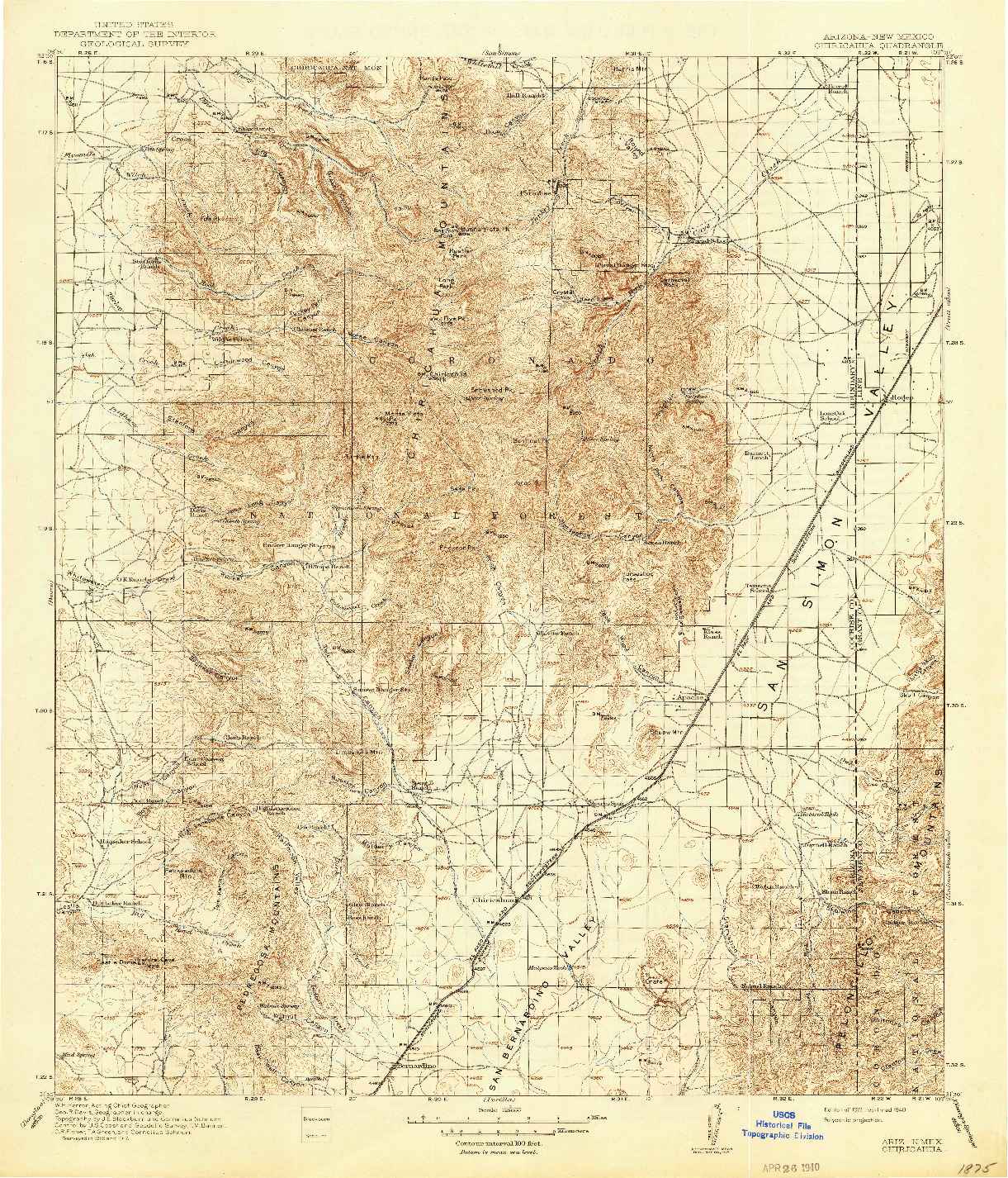 USGS 1:125000-SCALE QUADRANGLE FOR CHIRICAHUA, AZ 1919