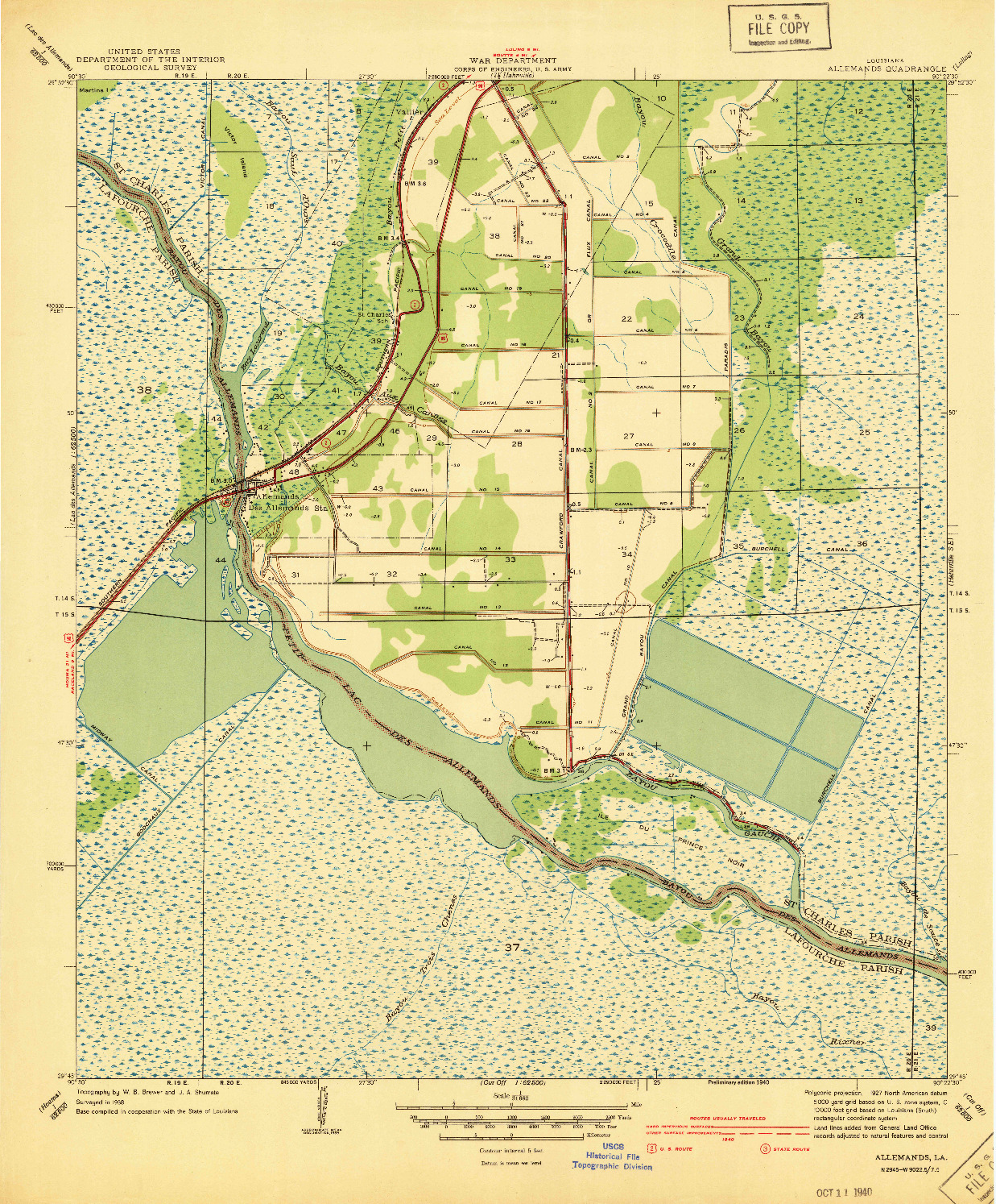USGS 1:31680-SCALE QUADRANGLE FOR ALLEMANDS, LA 1940