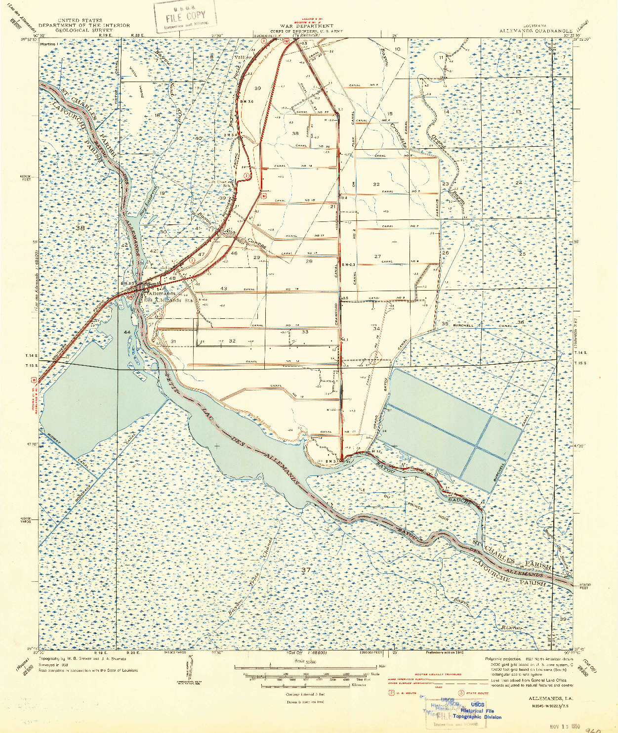 USGS 1:31680-SCALE QUADRANGLE FOR ALLEMANDS, LA 1940