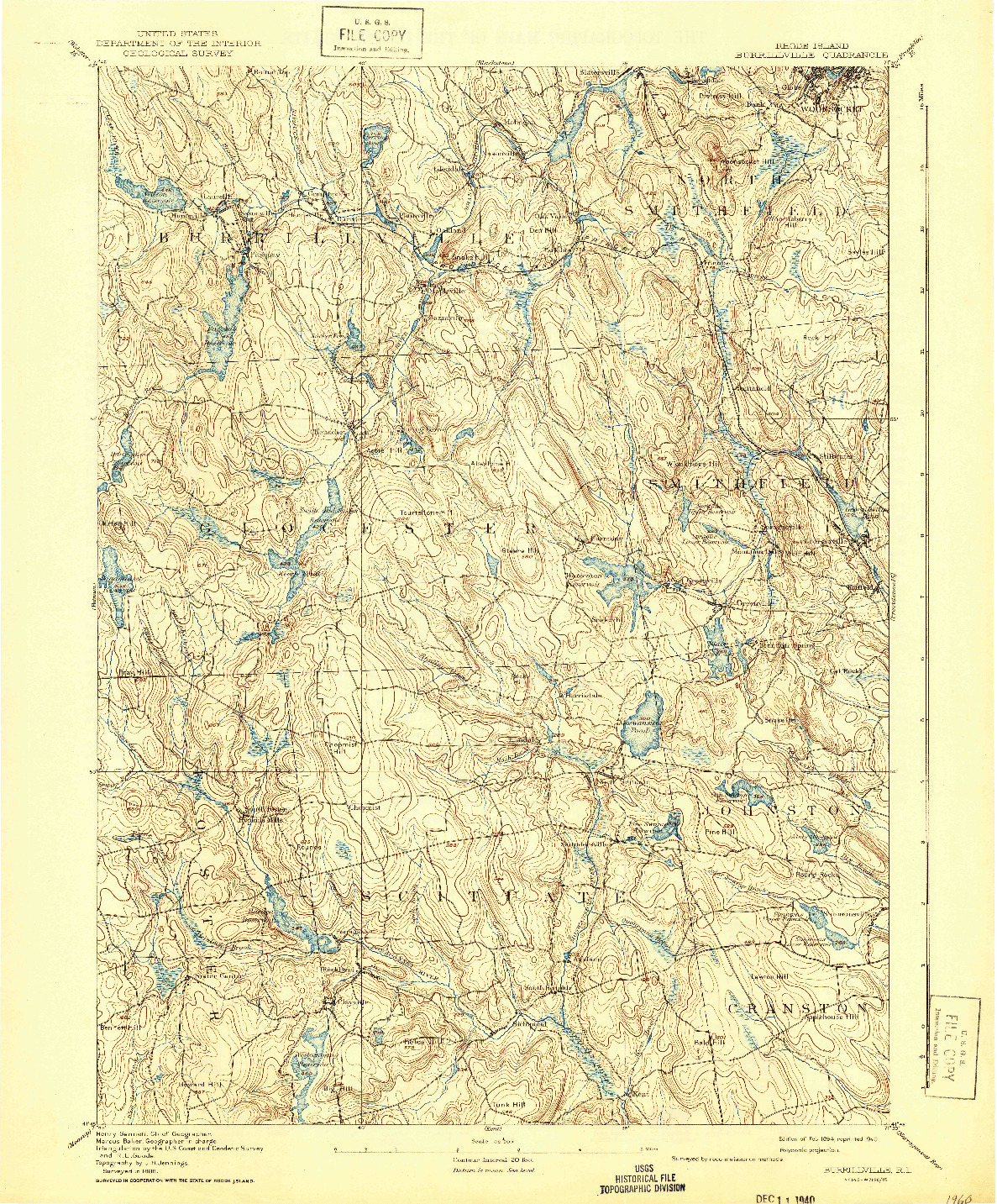 USGS 1:62500-SCALE QUADRANGLE FOR BURRILLVILLE, RI 1894