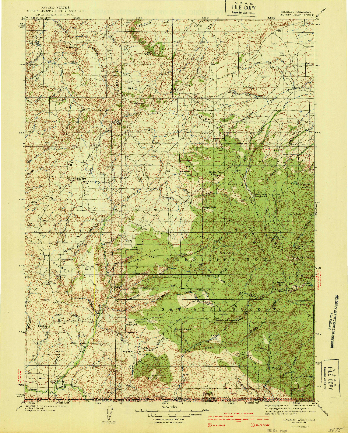 USGS 1:125000-SCALE QUADRANGLE FOR SAVERY, WY 1940
