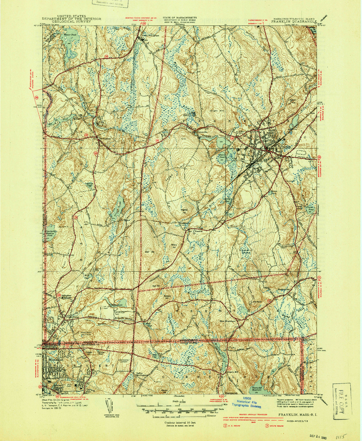 USGS 1:31680-SCALE QUADRANGLE FOR FRANKLIN, MA 1940