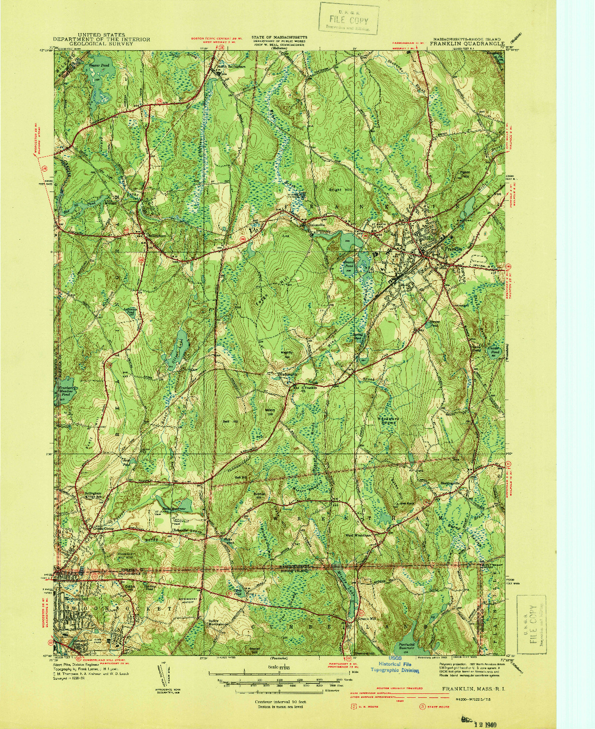 USGS 1:31680-SCALE QUADRANGLE FOR FRANKLIN, MA 1940
