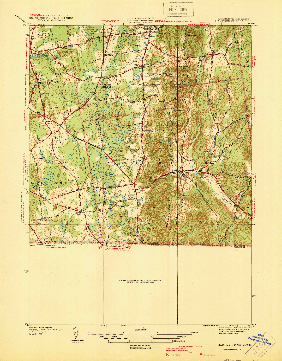 USGS 1:31680-SCALE QUADRANGLE FOR HAMPDEN, MA 1940