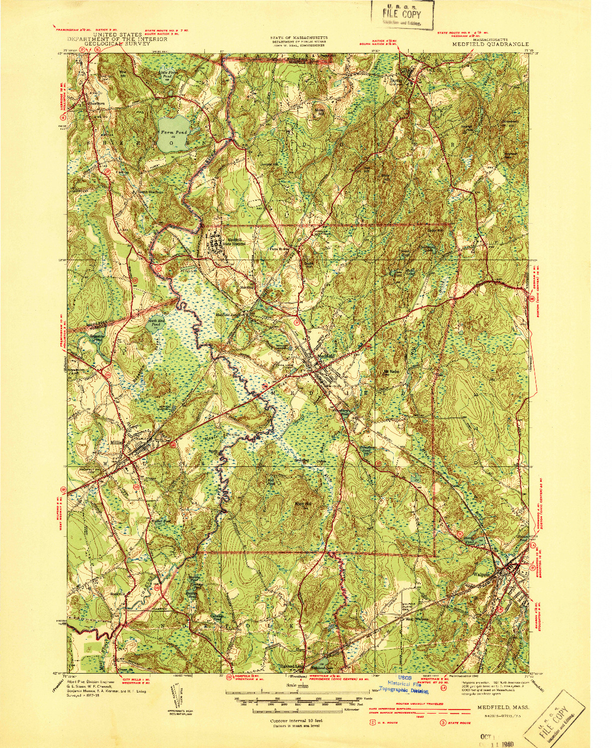 USGS 1:31680-SCALE QUADRANGLE FOR MEDFIELD, MA 1940