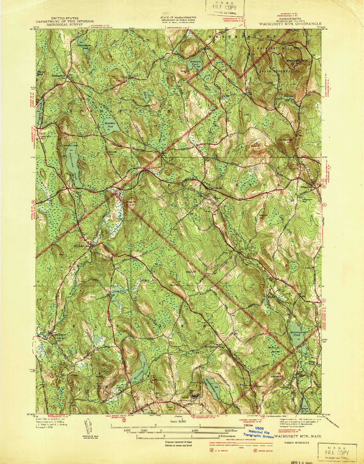 USGS 1:31680-SCALE QUADRANGLE FOR WACHUSETT MTN, MA 1940