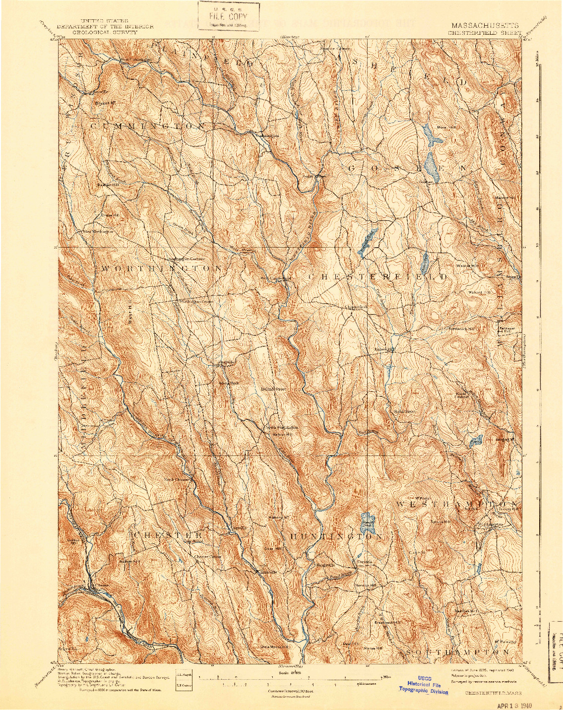 USGS 1:62500-SCALE QUADRANGLE FOR CHESTERFIELD, MA 1895