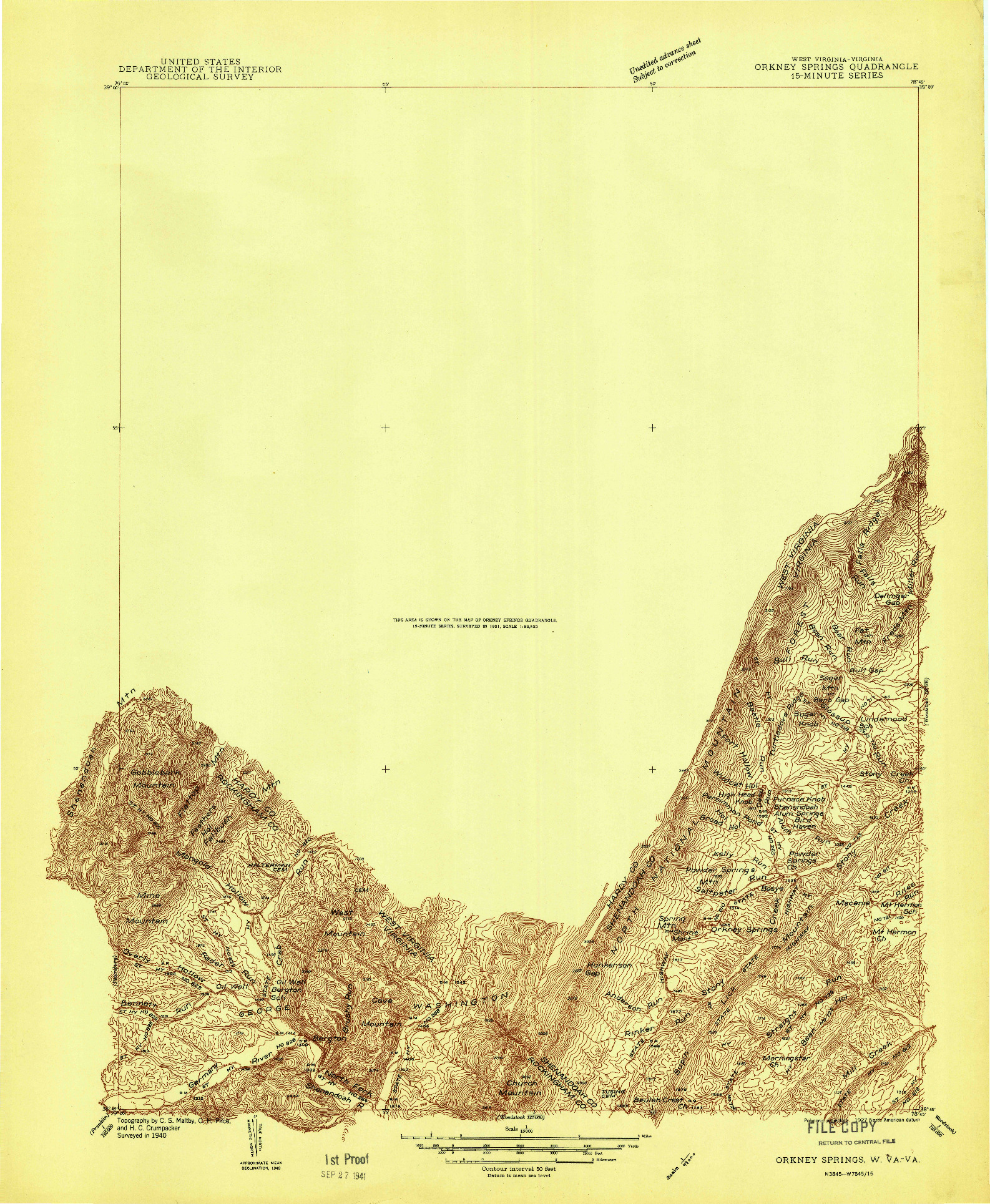 USGS 1:48000-SCALE QUADRANGLE FOR ORKNEY SPRINGS, WV 1940