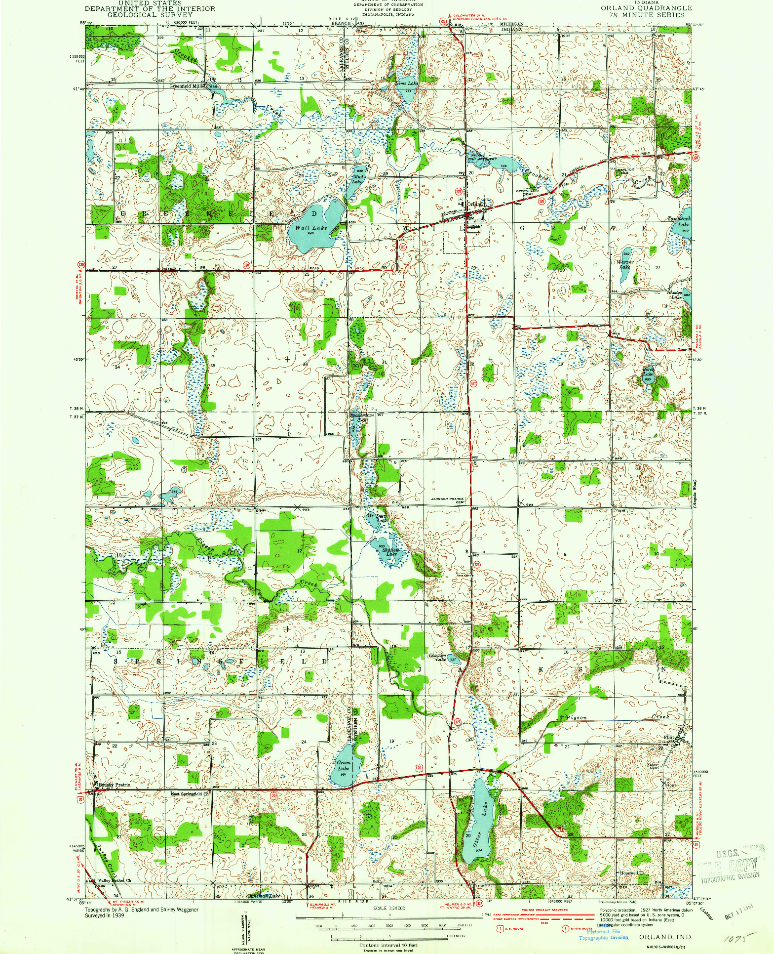 USGS 1:24000-SCALE QUADRANGLE FOR ORLAND, IN 1940