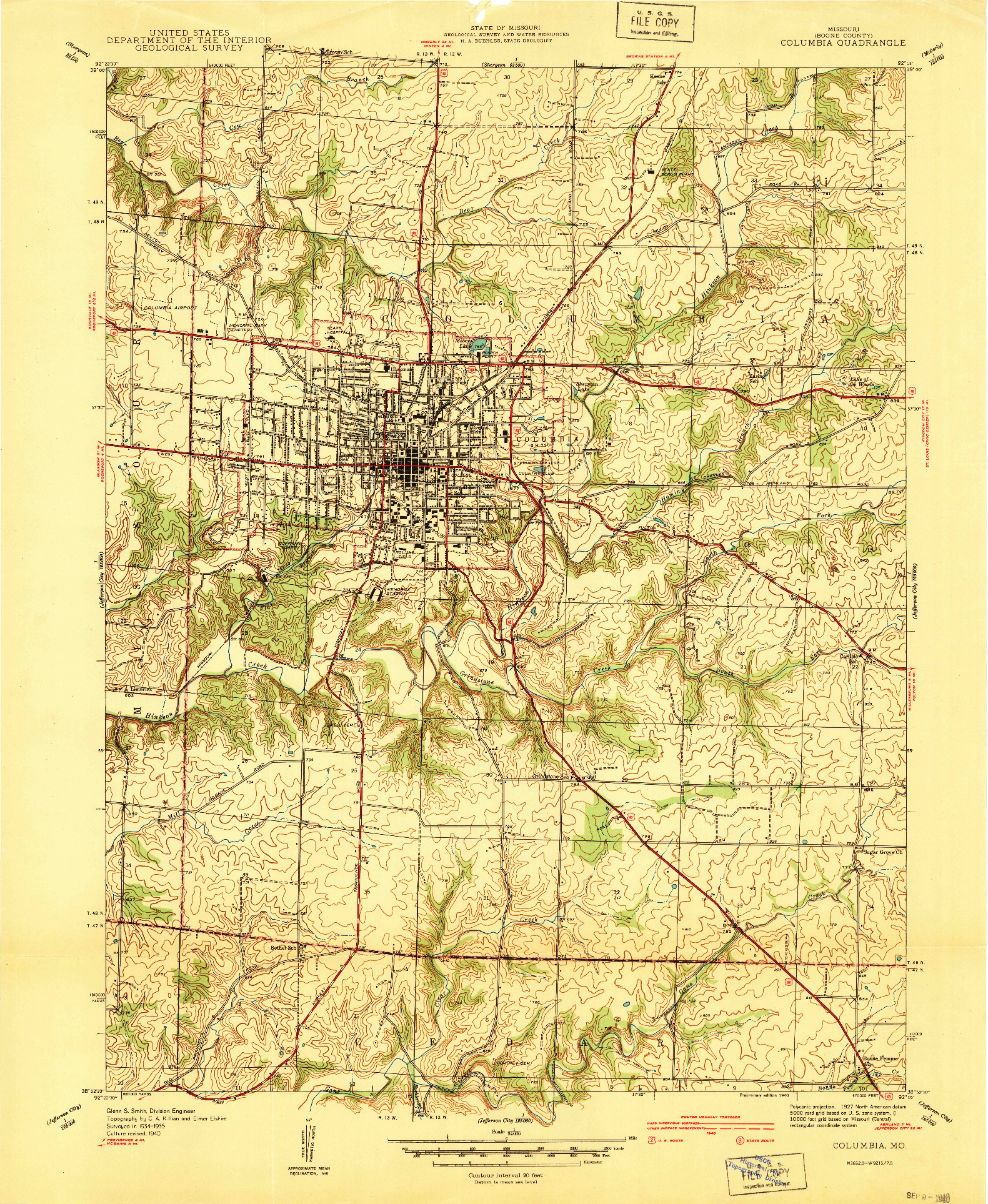 USGS 1:24000-SCALE QUADRANGLE FOR COLUMBIA, MO 1940