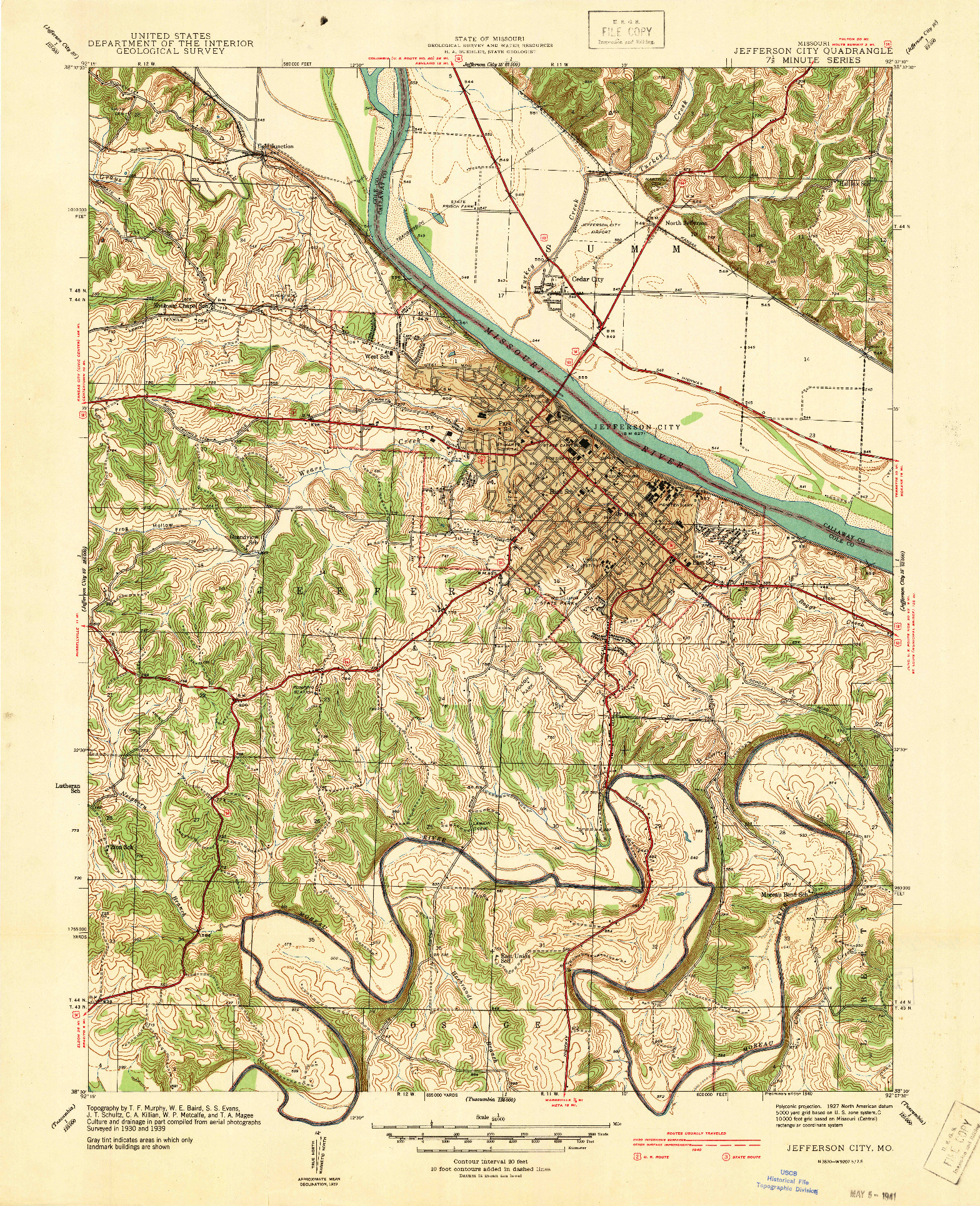 USGS 1:24000-SCALE QUADRANGLE FOR JEFFERSON CITY, MO 1939