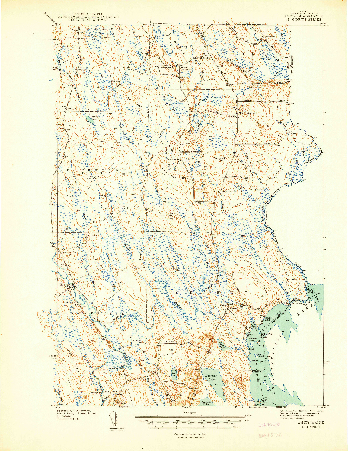 USGS 1:62500-SCALE QUADRANGLE FOR AMITY, ME 1940