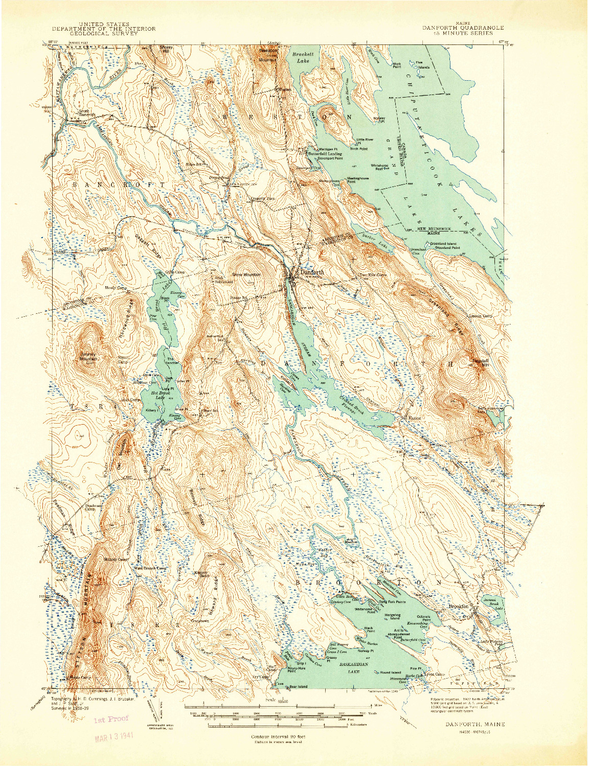 USGS 1:62500-SCALE QUADRANGLE FOR DANFORTH, ME 1940
