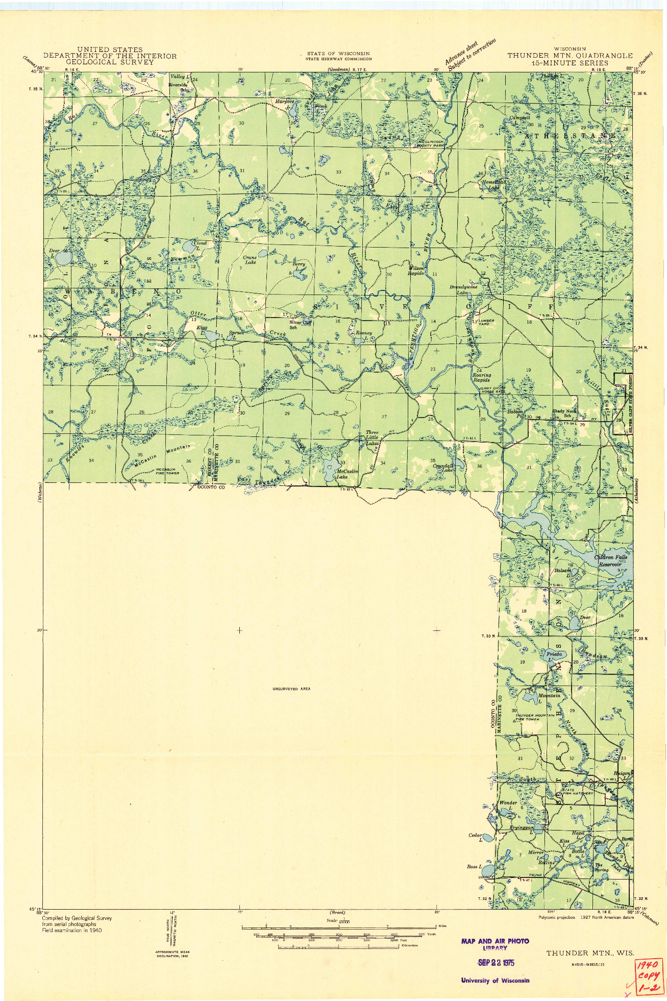 USGS 1:48000-SCALE QUADRANGLE FOR THUNDER MTN., WI 1940