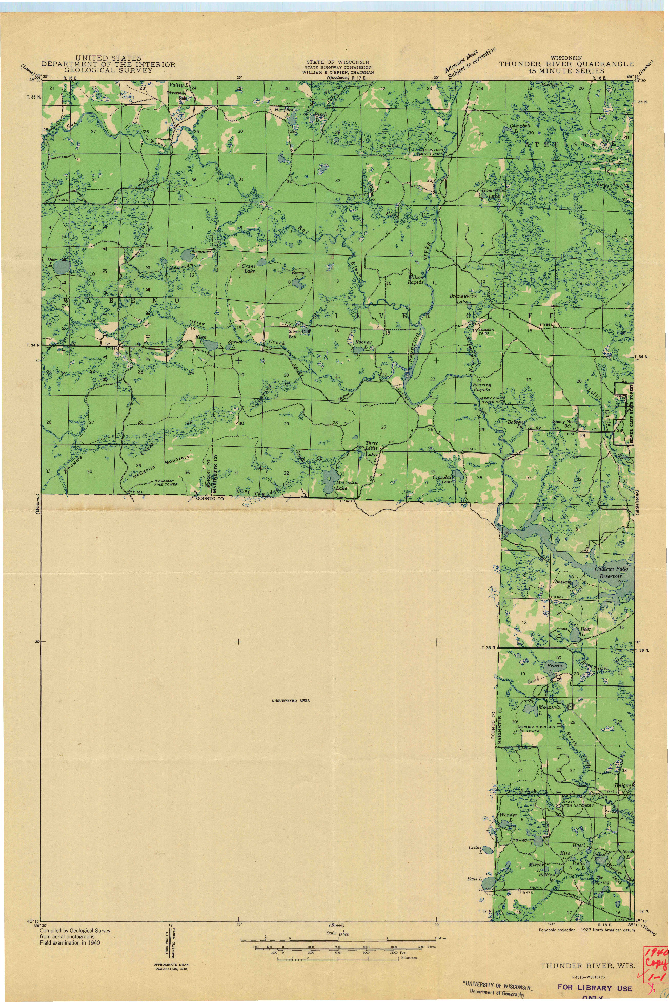 USGS 1:48000-SCALE QUADRANGLE FOR THUNDER RIVER, WI 1940