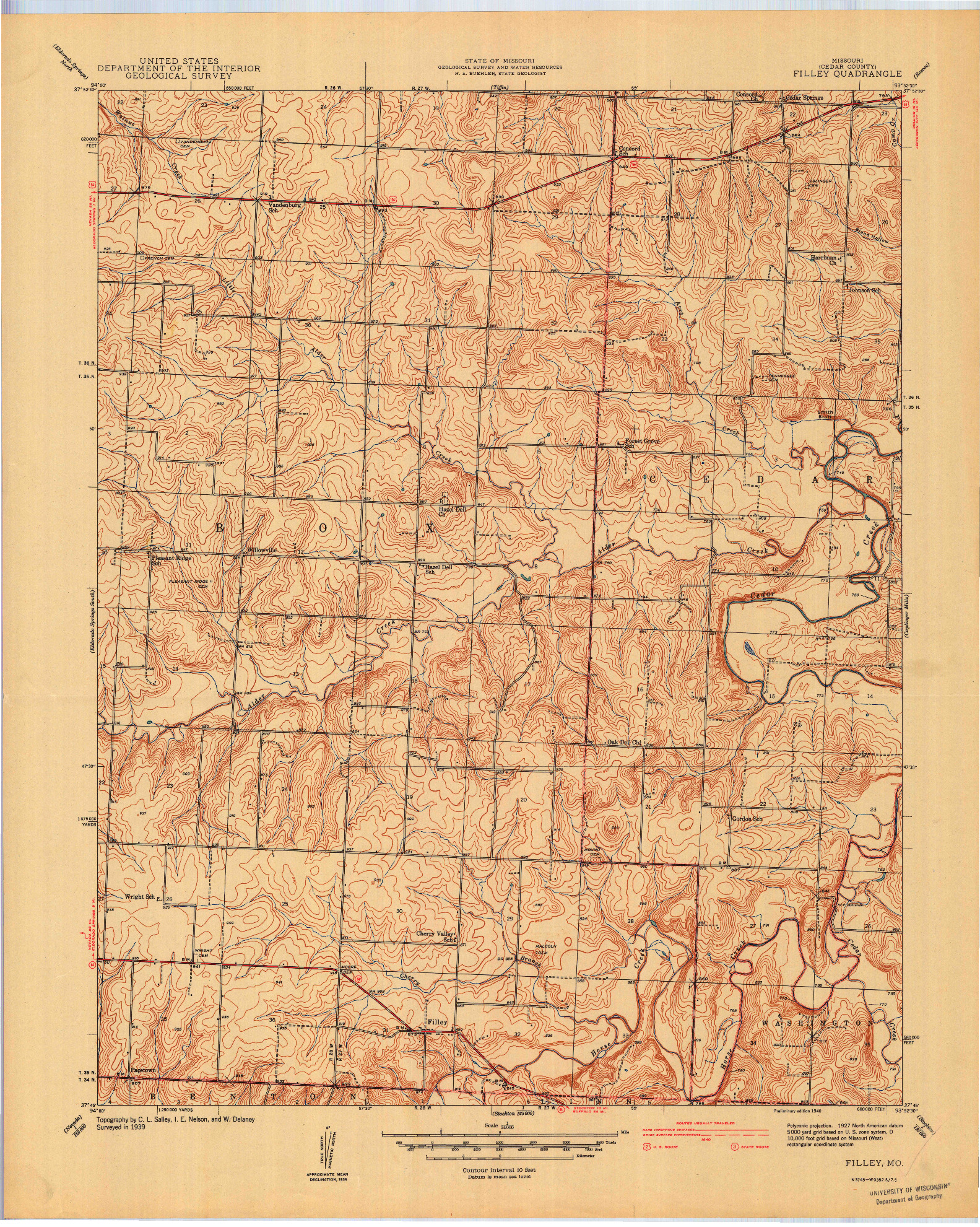 USGS 1:24000-SCALE QUADRANGLE FOR FILLEY, MO 1940