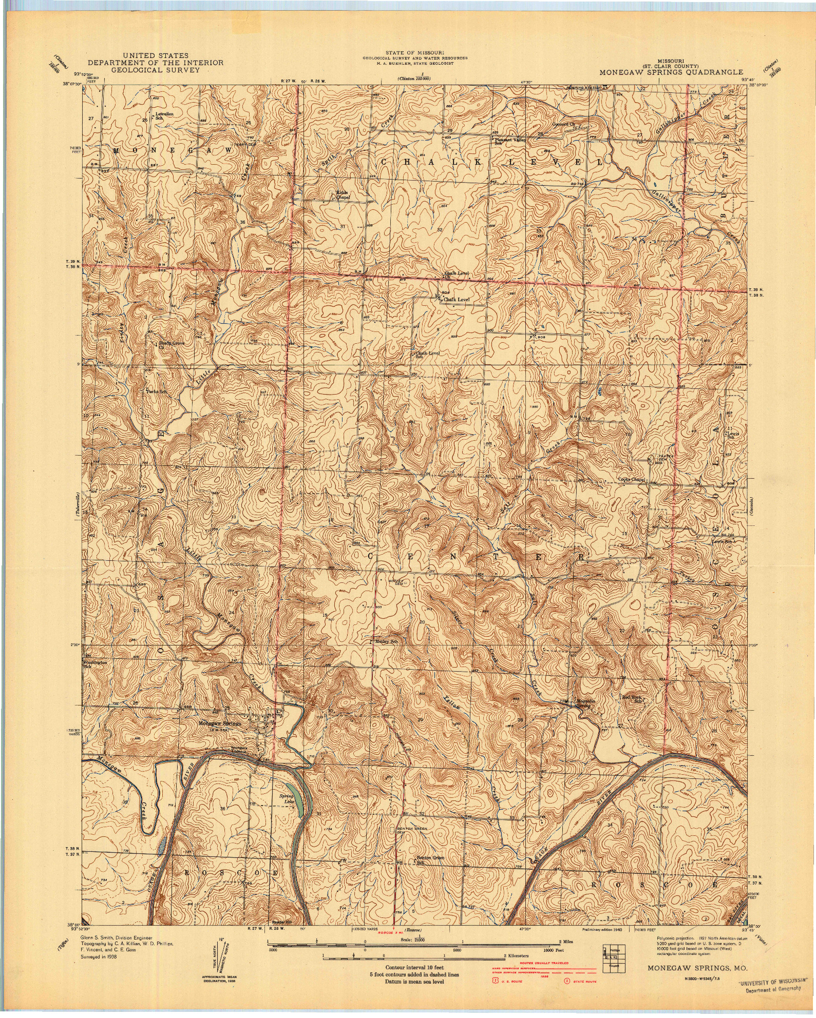 USGS 1:24000-SCALE QUADRANGLE FOR MONEGAW SPRINGS, MO 1940