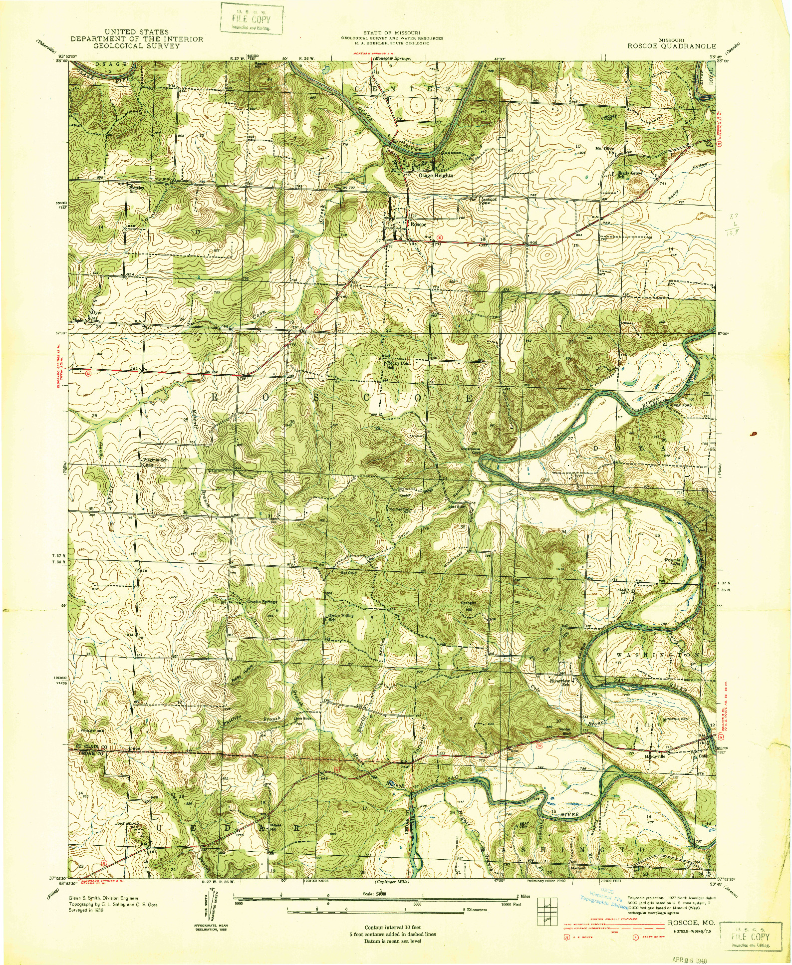 USGS 1:24000-SCALE QUADRANGLE FOR ROSCOE, MO 1940